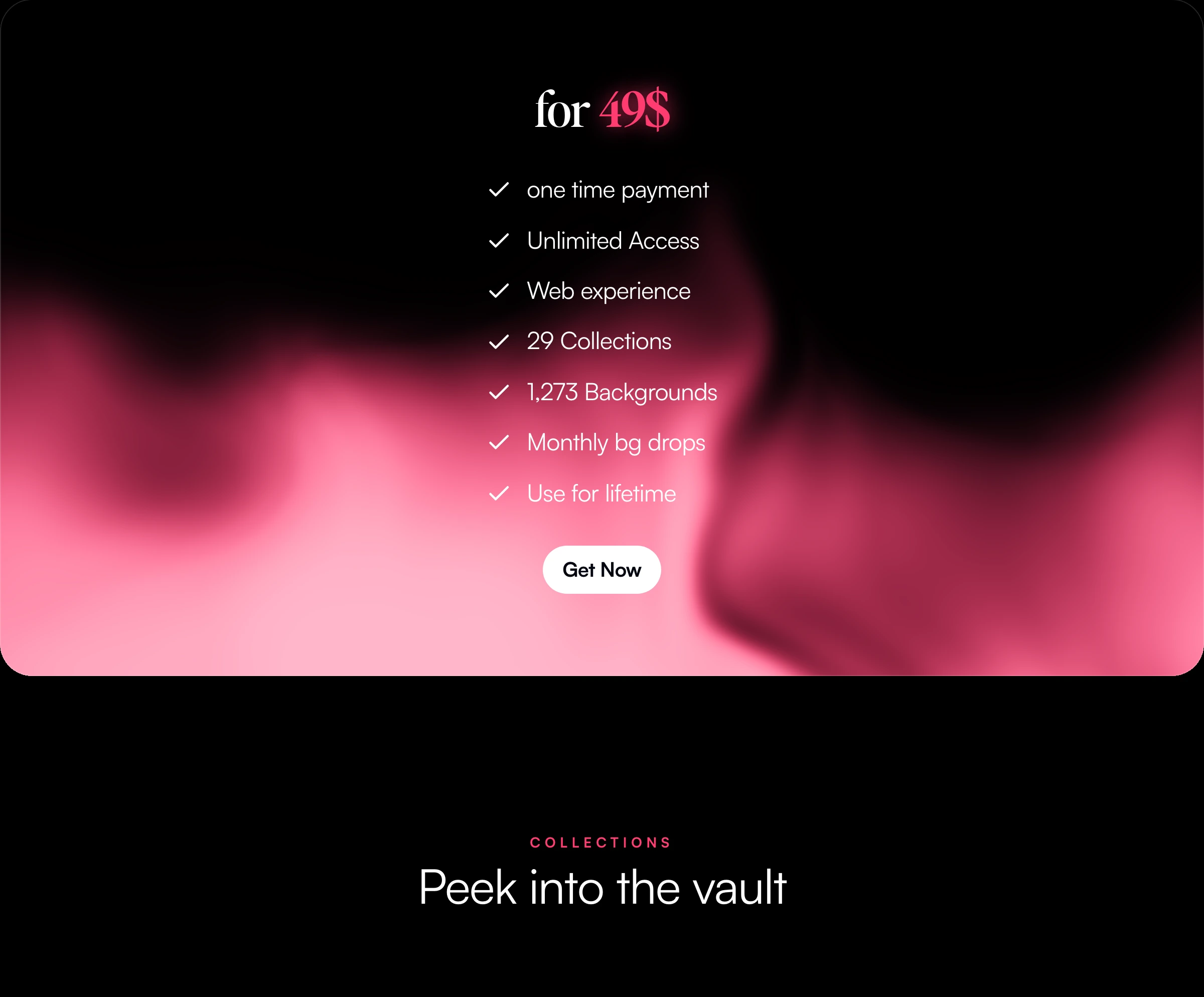 A luminous pink smoke gradient illuminates a dark pricing card with elegant typography above an upcoming section header.