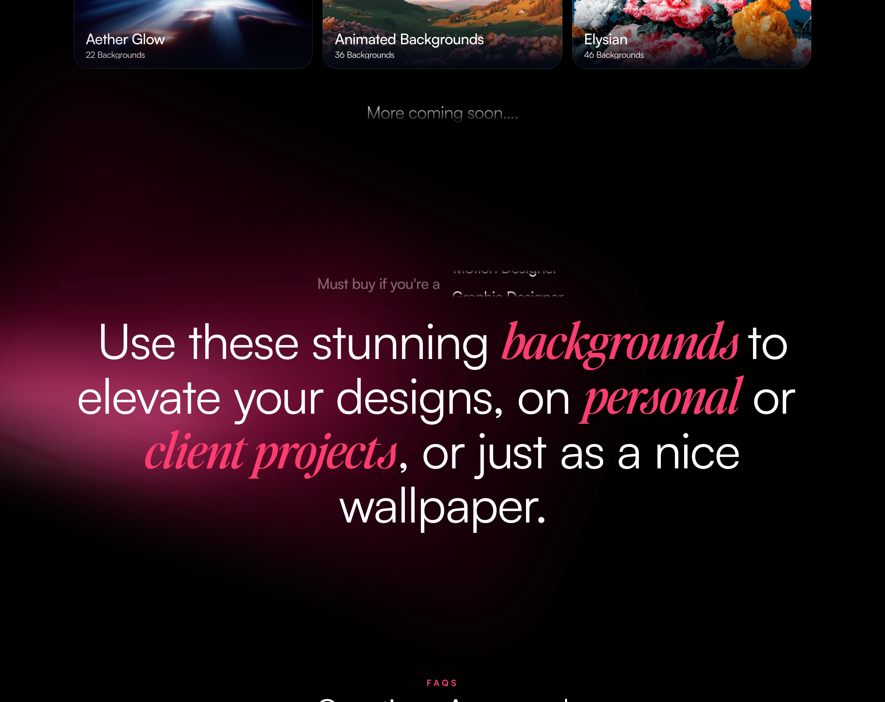 Dark ambient statement section featuring oversized typography accented by expressive magenta serif italics and atmospheric side glow.