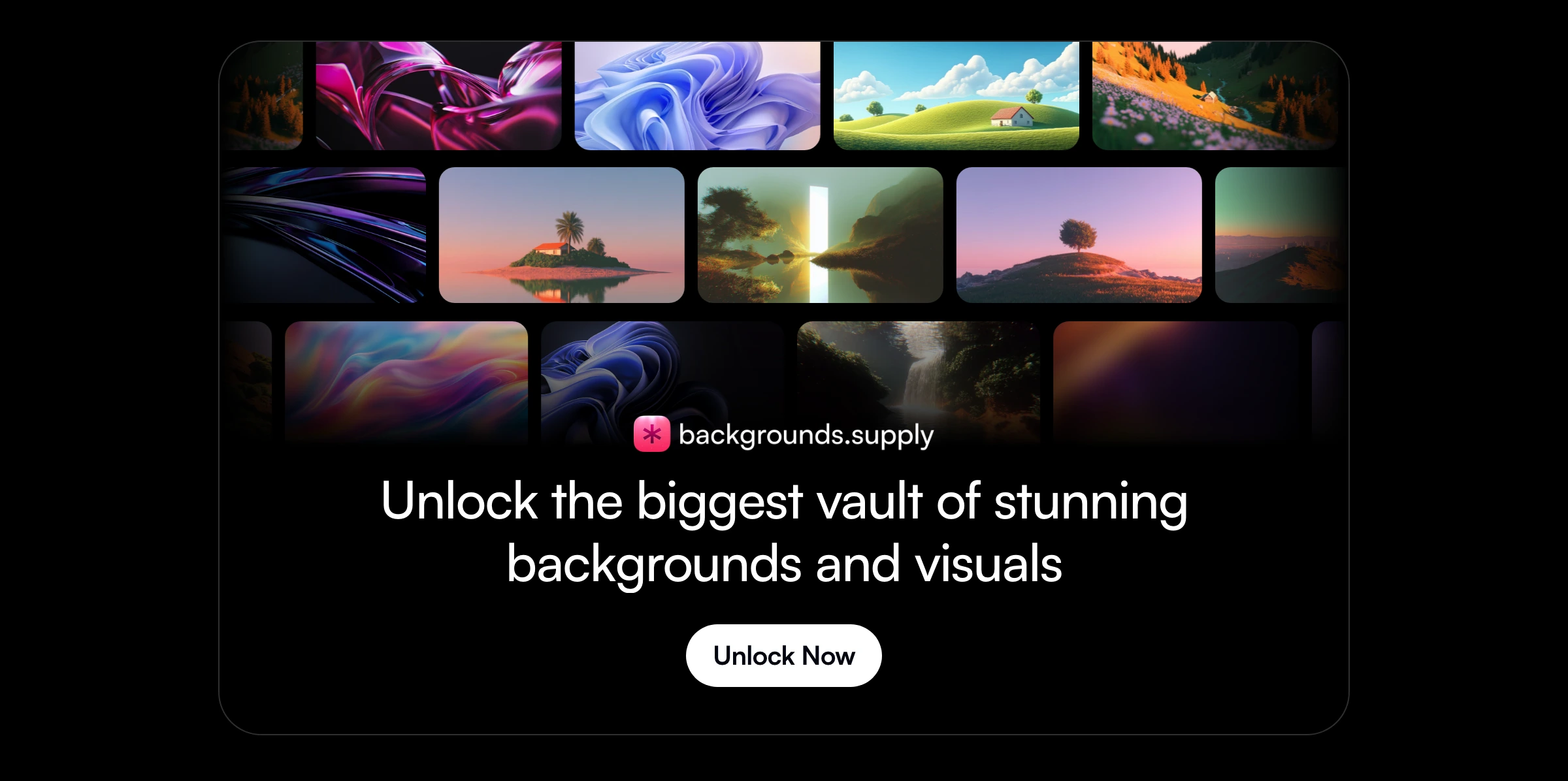 A sleek dark CTA banner crowned with a glowing gallery of surreal wallpaper thumbnails fading into pitch black.