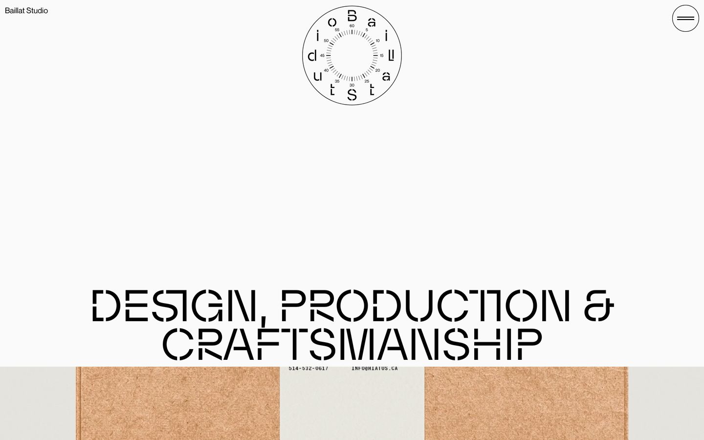 Stark, spacious white studio hero dominated by a custom stencil display headline and a circular typographic clock motif.