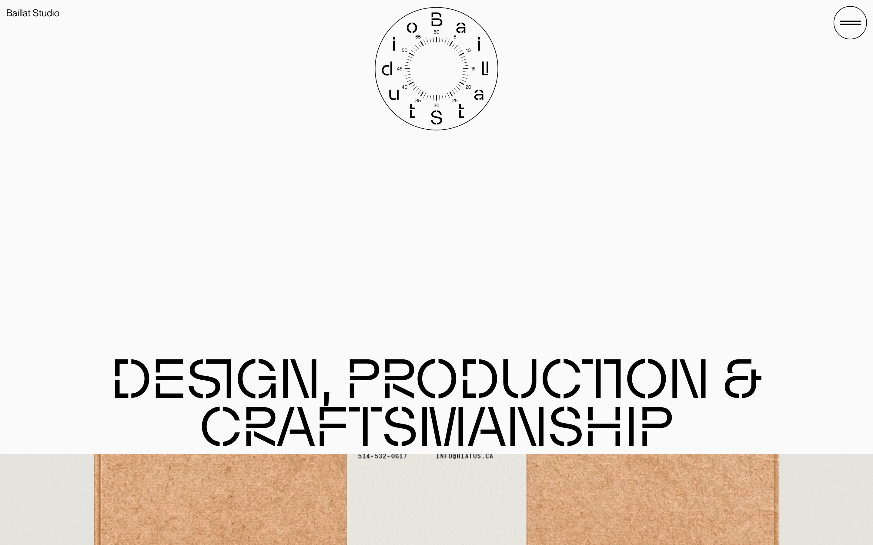 Stark, spacious white studio hero dominated by a custom stencil display headline and a circular typographic clock motif.