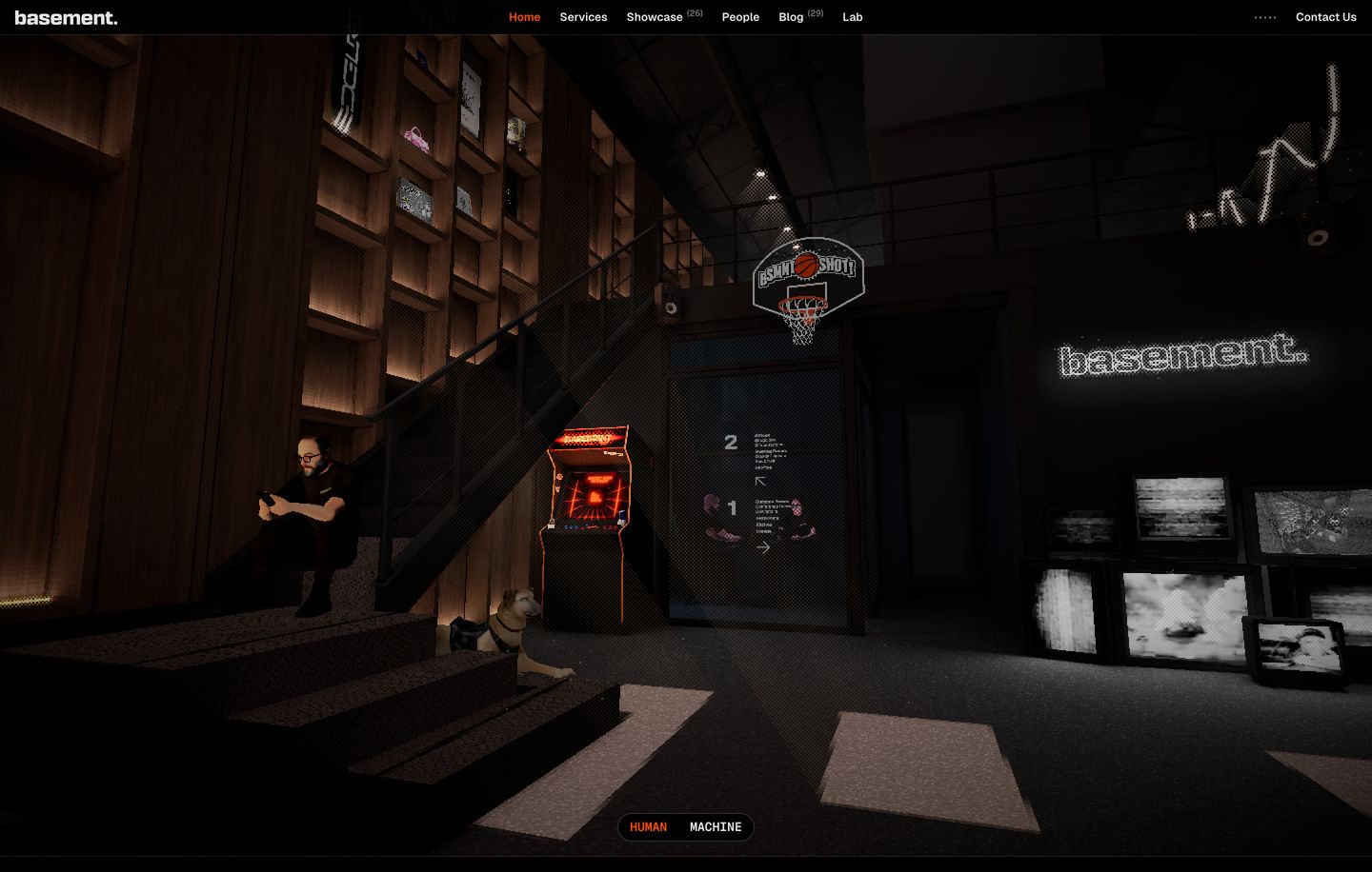 An immersive, dark 3D virtual clubhouse rendered with atmospheric moody lighting, arcade elements, and spatial storytelling.