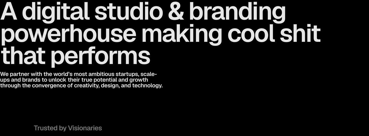 An unapologetic, high-contrast dark statement hero dominated by massive neo-grotesque typography and provocative studio copy.
