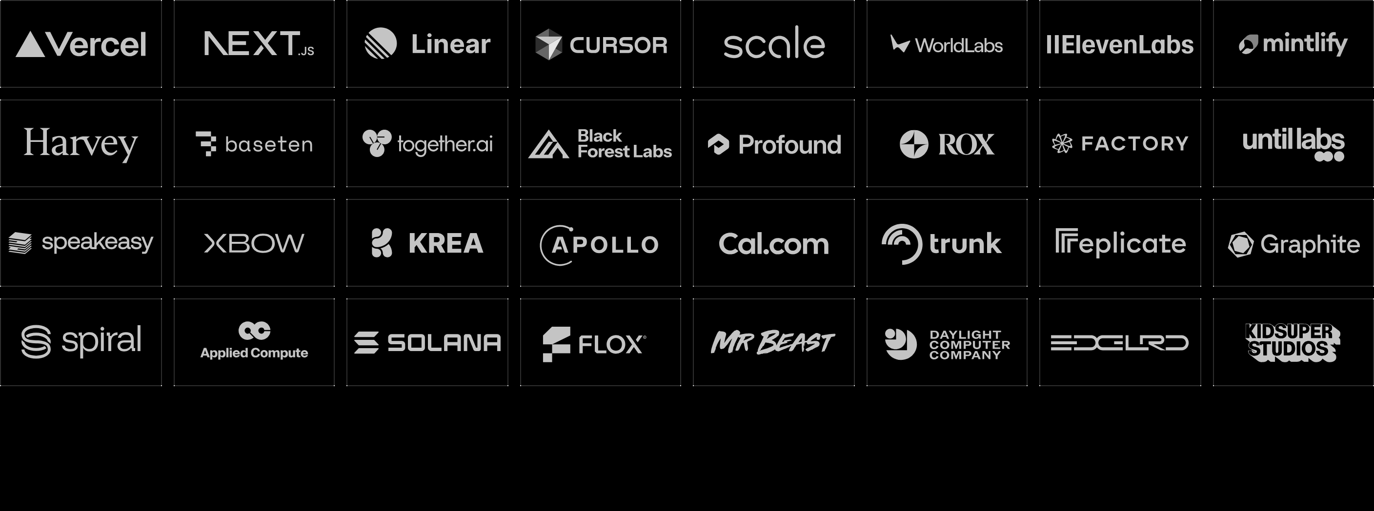 A dense, sharp grid of high-contrast monochrome logos framed in razor-thin border cells against pure black.
