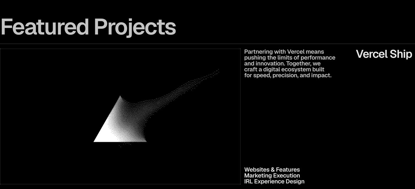 Monochrome, high-precision portfolio showcase with generative point-cloud artwork on a pure black field.