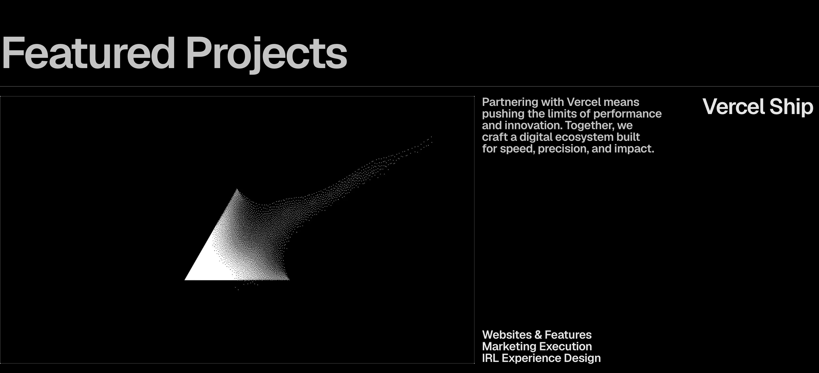 Monochrome, high-precision portfolio showcase with generative point-cloud artwork on a pure black field.
