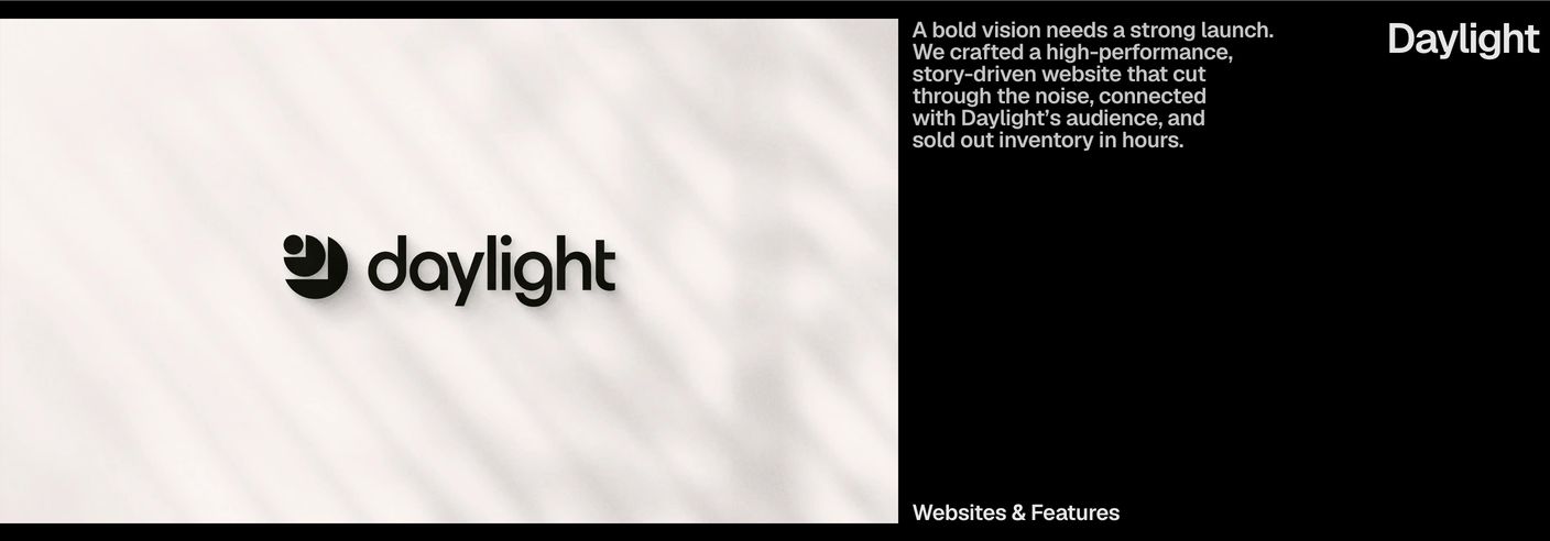 A split portfolio showcase pairing a soft, shadow-dappled brand identity visual against stark, minimalist editorial type on black.