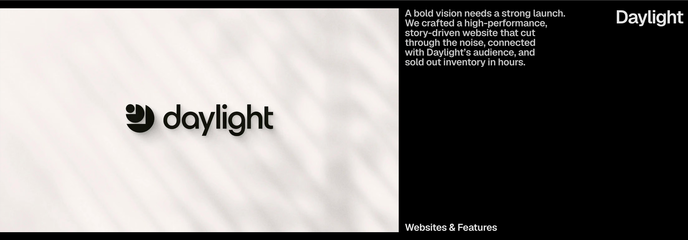 A split portfolio showcase pairing a soft, shadow-dappled brand identity visual against stark, minimalist editorial type on black.
