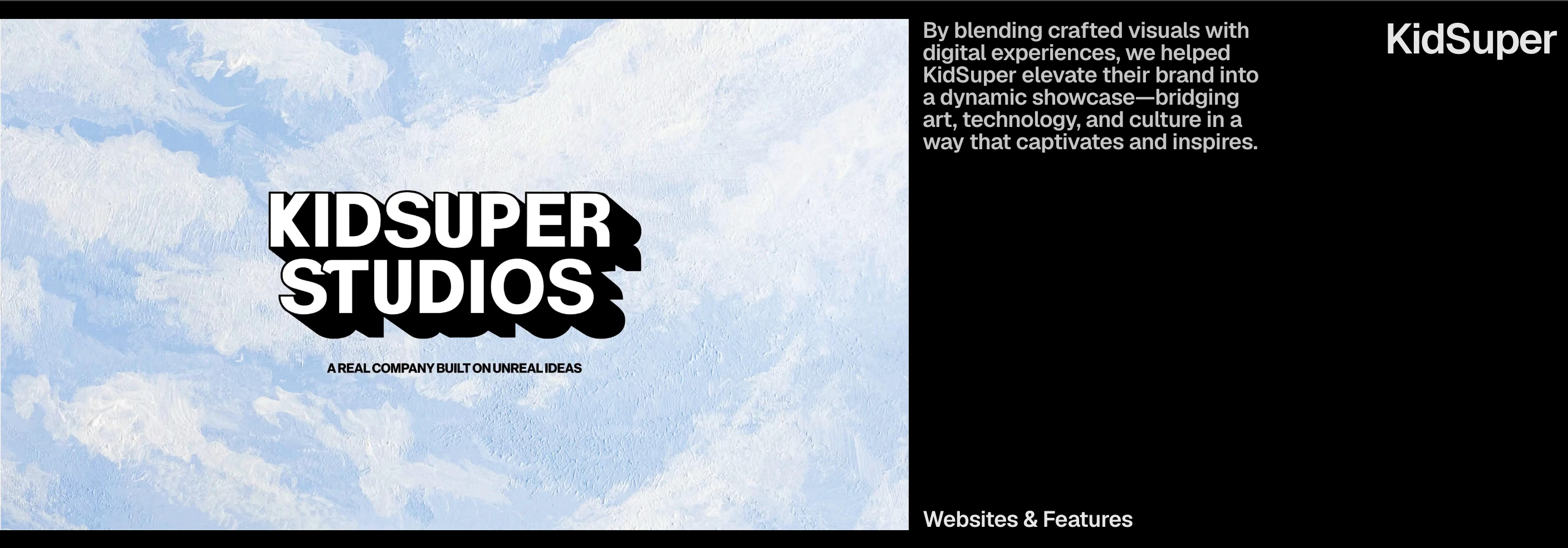 A stark split showcase balancing a textured sky artwork panel against crisp editorial typography on deep black.