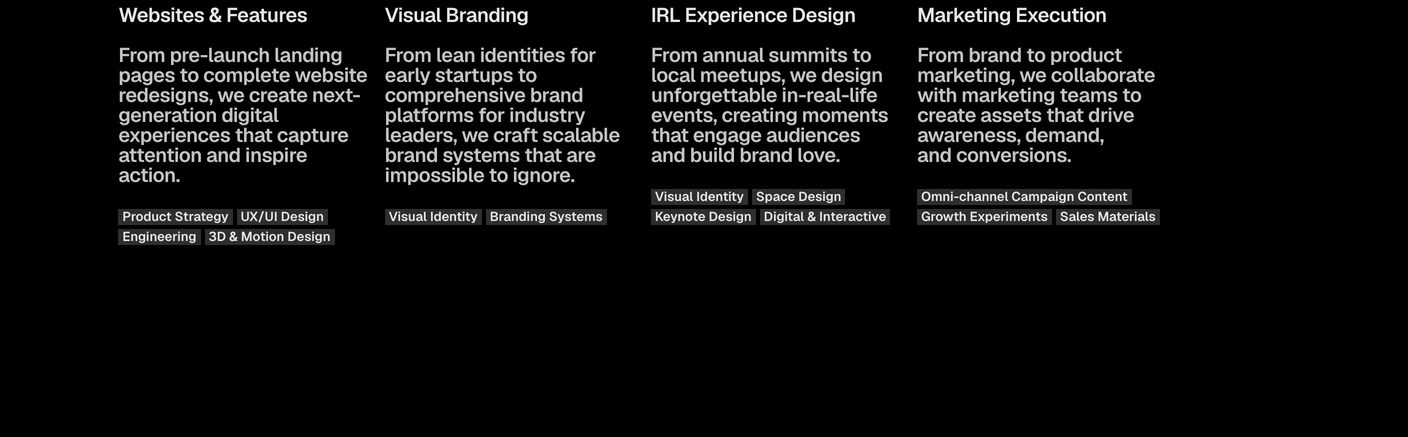 A clean, dark four-column service matrix pairing understated typography with boxed capability tags.
