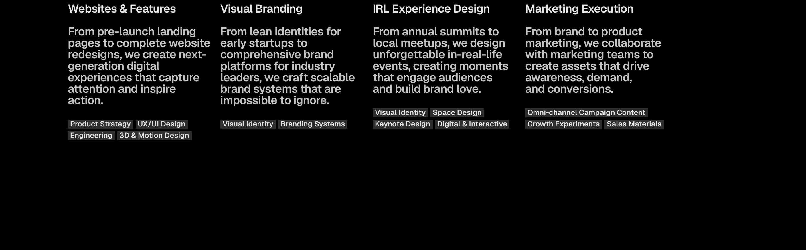 A clean, dark four-column service matrix pairing understated typography with boxed capability tags.