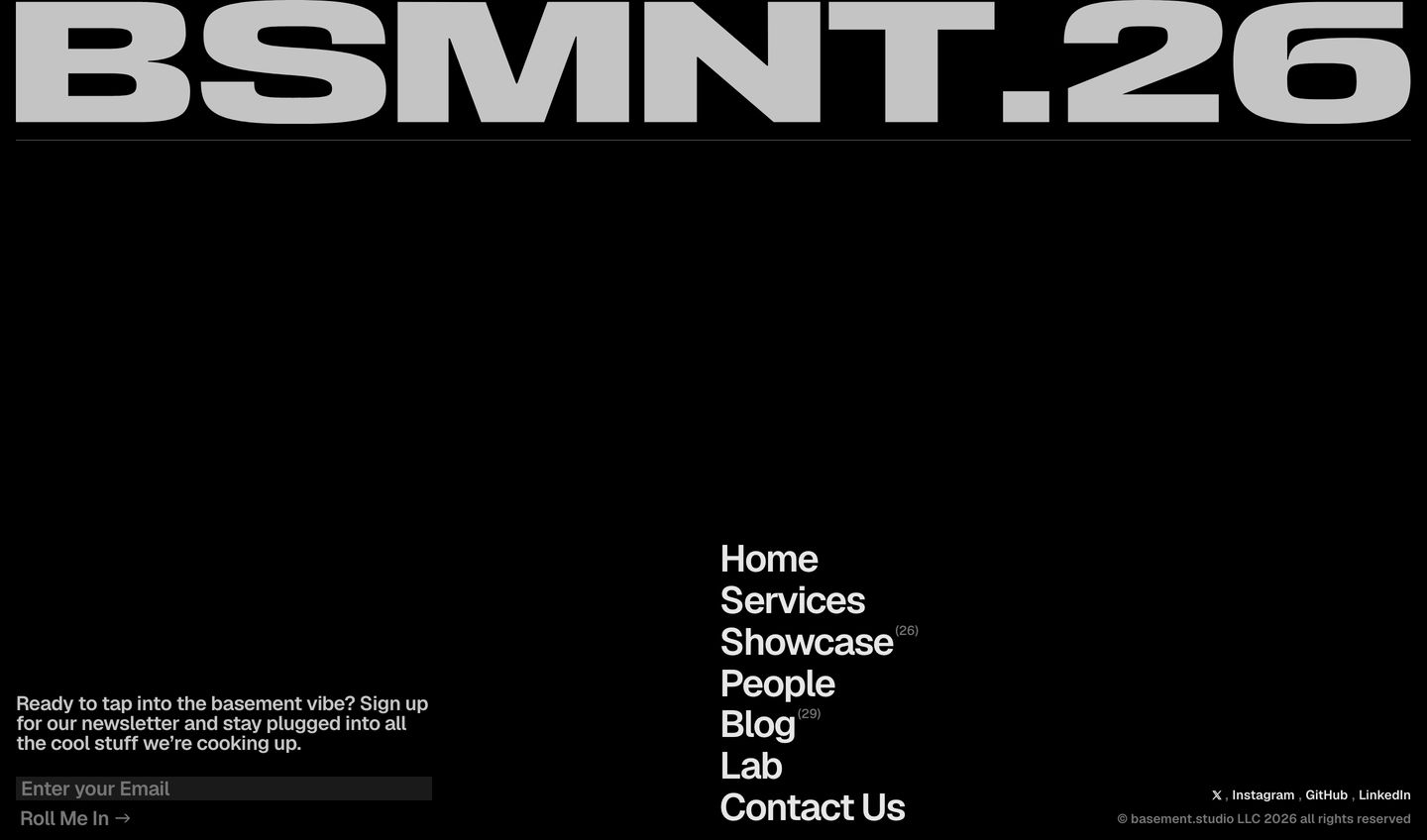 Massive edge-to-edge brutalist wordmark sits atop a deep black void with asymmetric lower navigation and newsletter signup.