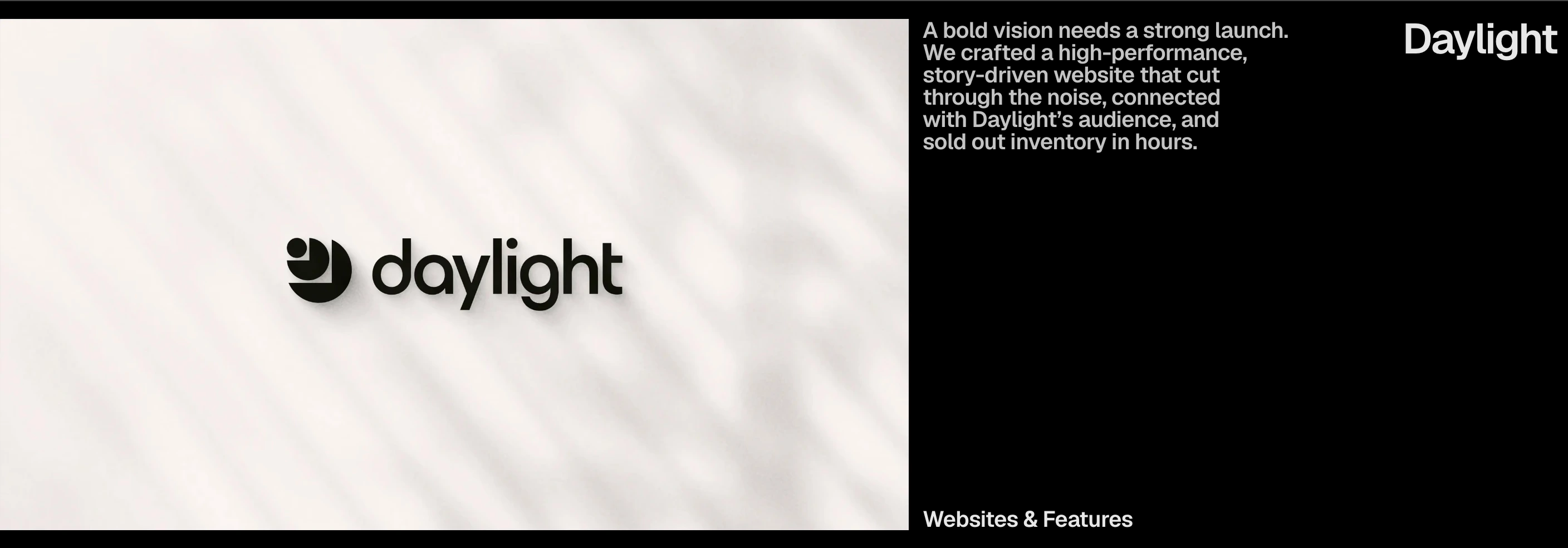 Crisp high-contrast split showcase pairing a soft shadow-lit brand visual with restrained, corner-aligned case study copy.