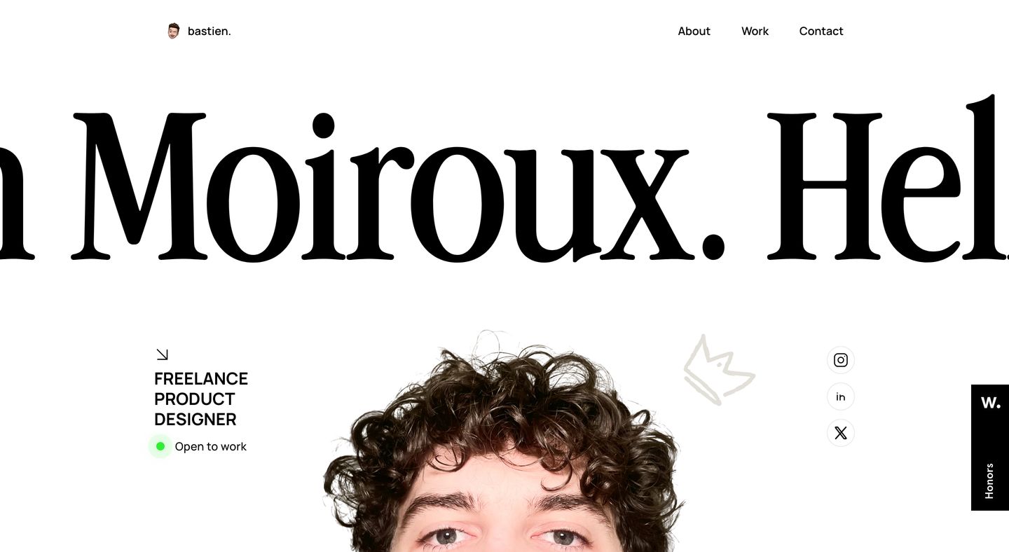 Crisp editorial portfolio hero dominated by an oversized serif name cropped behind a photographic self-portrait.