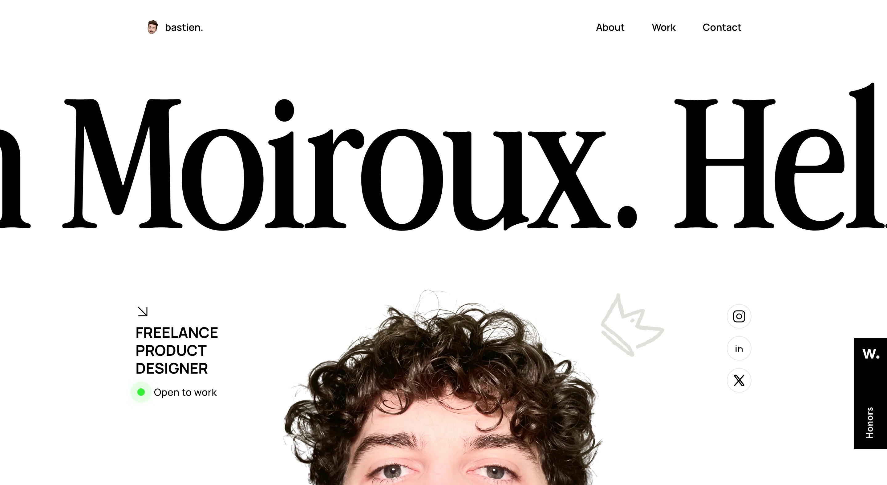Crisp editorial portfolio hero dominated by an oversized serif name cropped behind a photographic self-portrait.
