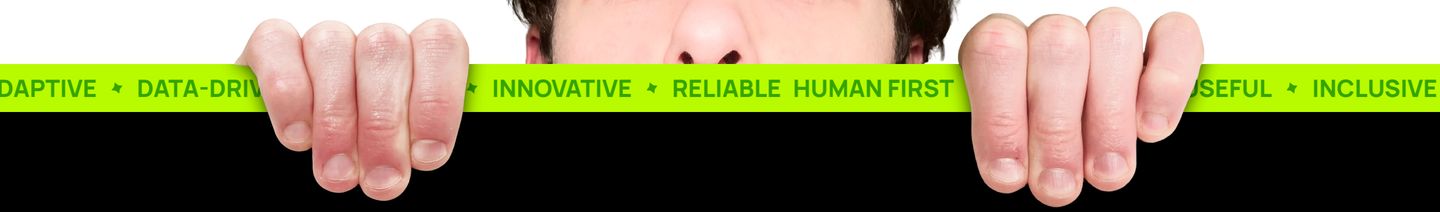 Quirky neon green ticker tape gripped by photographic cut-out hands, creating a playful peek-a-boo transition banner.