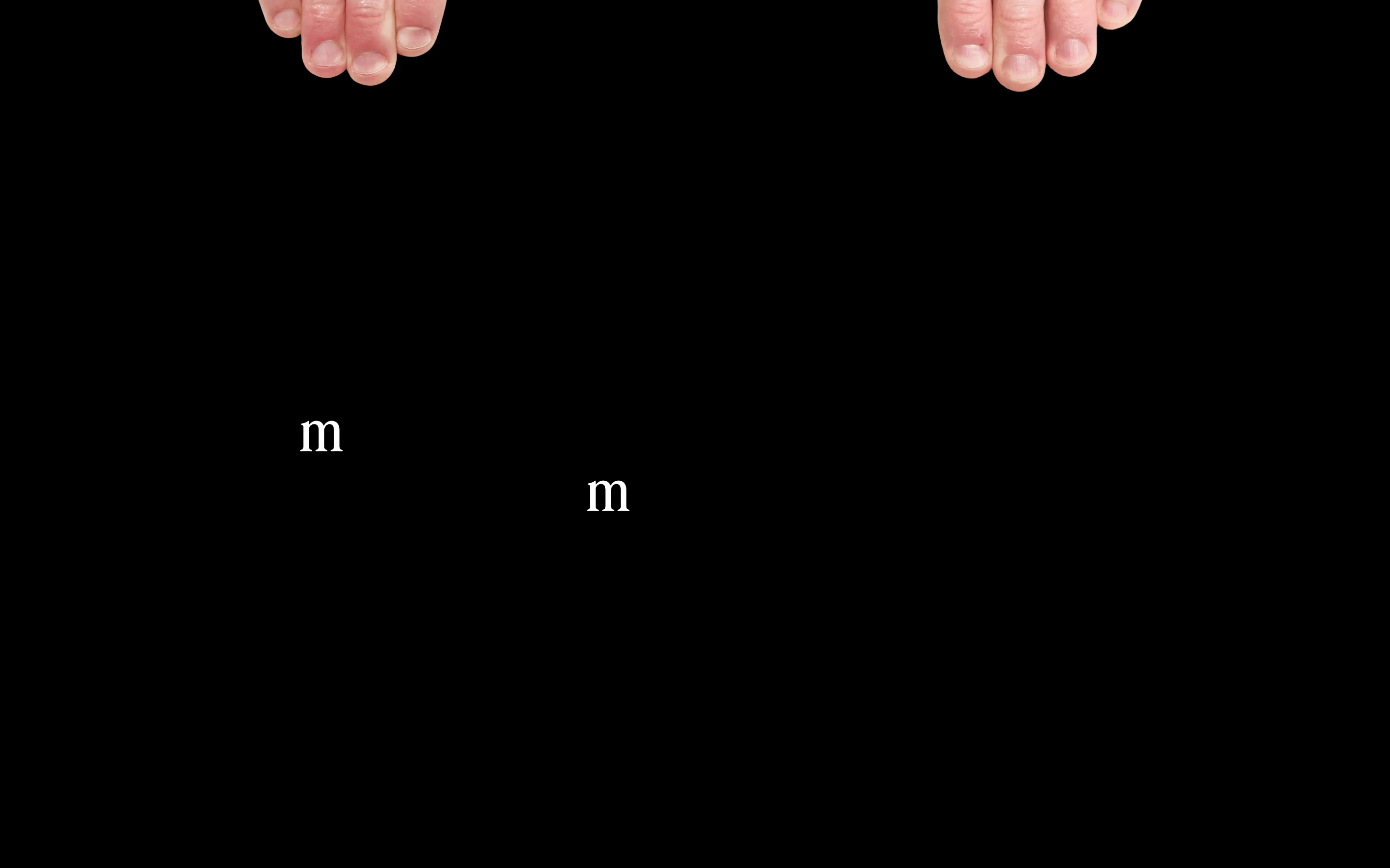 An enigmatic, pitch-black void punctuated by hands grasping the top edge and scattered, playful serif glyphs.