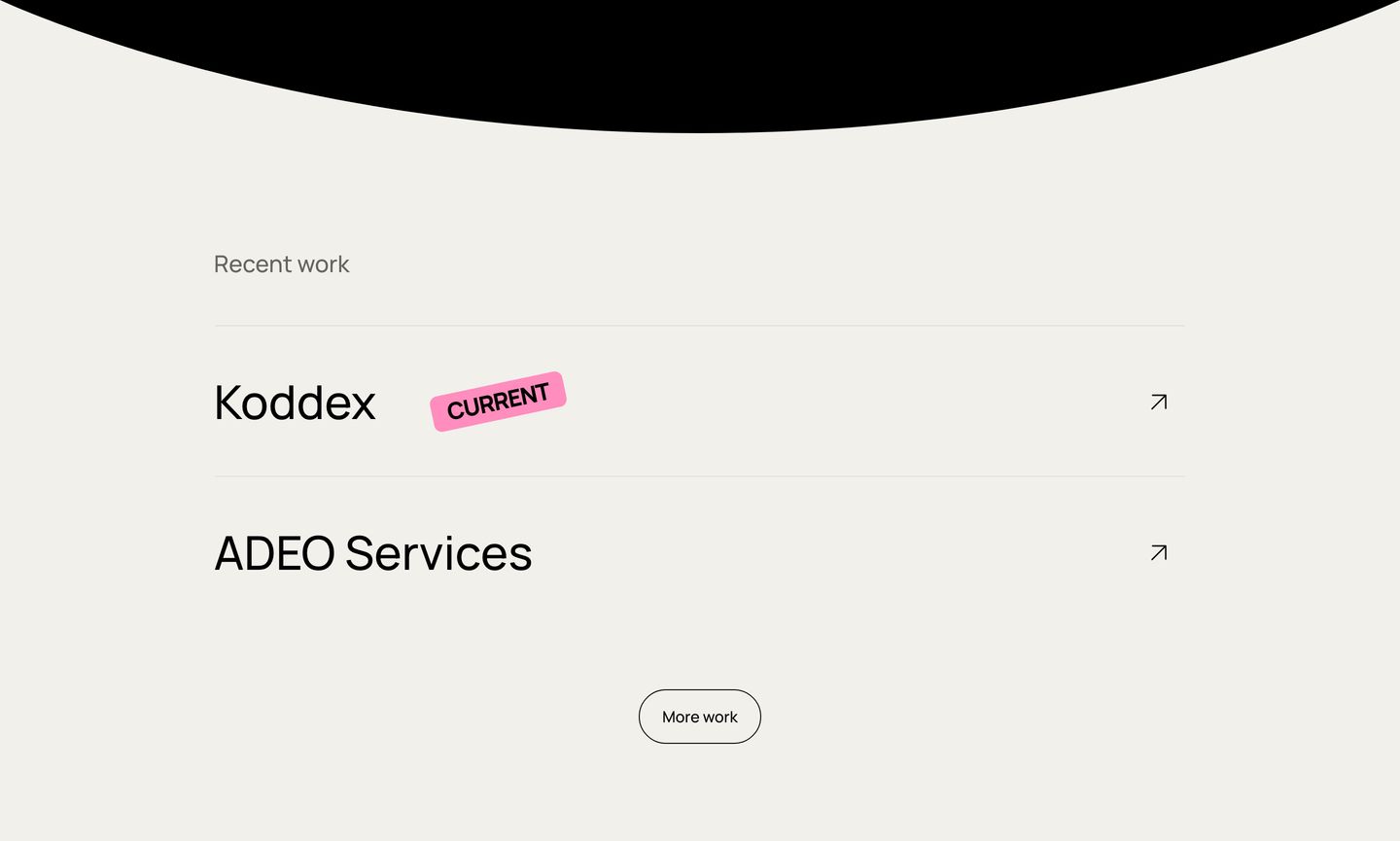 A clean, airy portfolio work list framed by a concave top curve with a single playful sticker accent.
