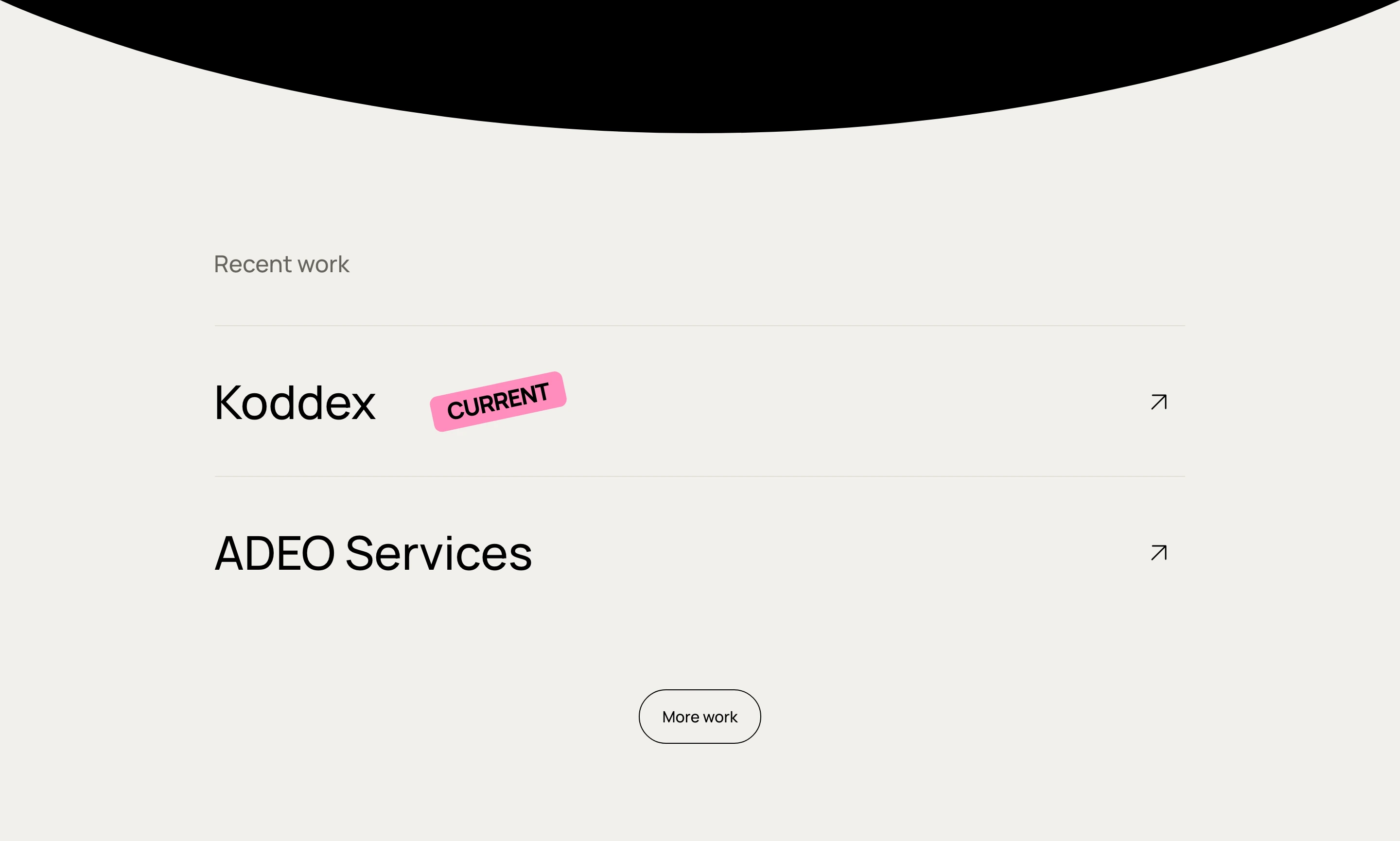 A clean, airy portfolio work list framed by a concave top curve with a single playful sticker accent.