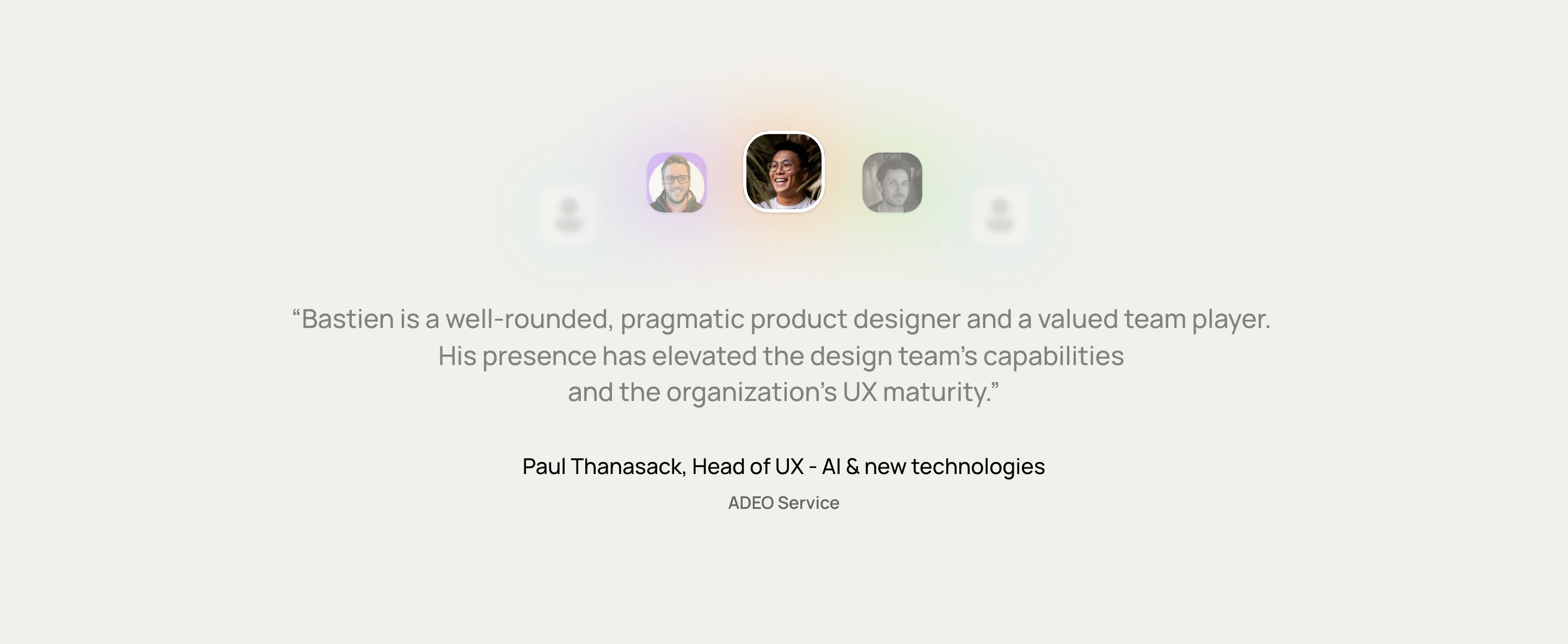 A serene, centered testimonial section with soft glowing avatars hovering above a clean quote on warm cream.