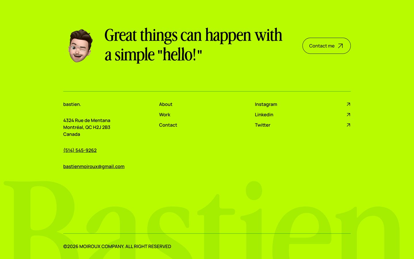 Vibrant acid-green portfolio footer combining playful 3D avatar details with clean editorial serif typography and a massive ghosted watermark.
