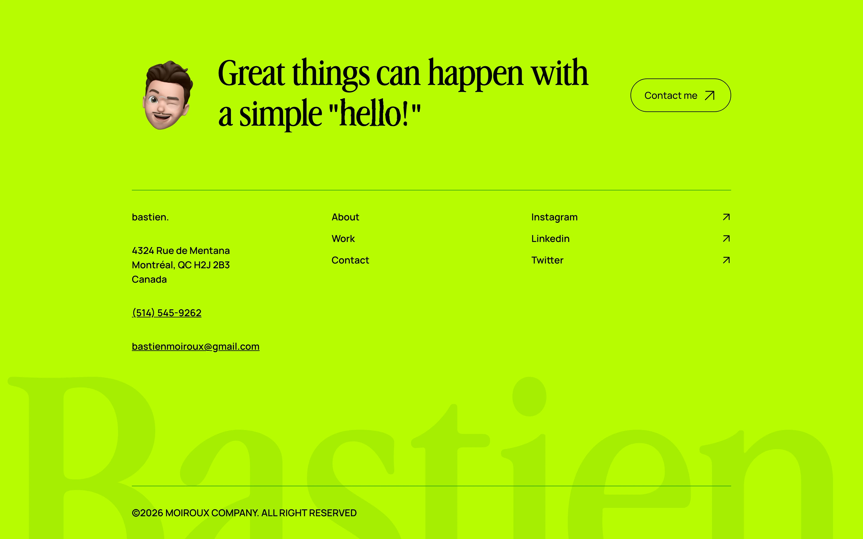 Vibrant acid-green portfolio footer combining playful 3D avatar details with clean editorial serif typography and a massive ghosted watermark.