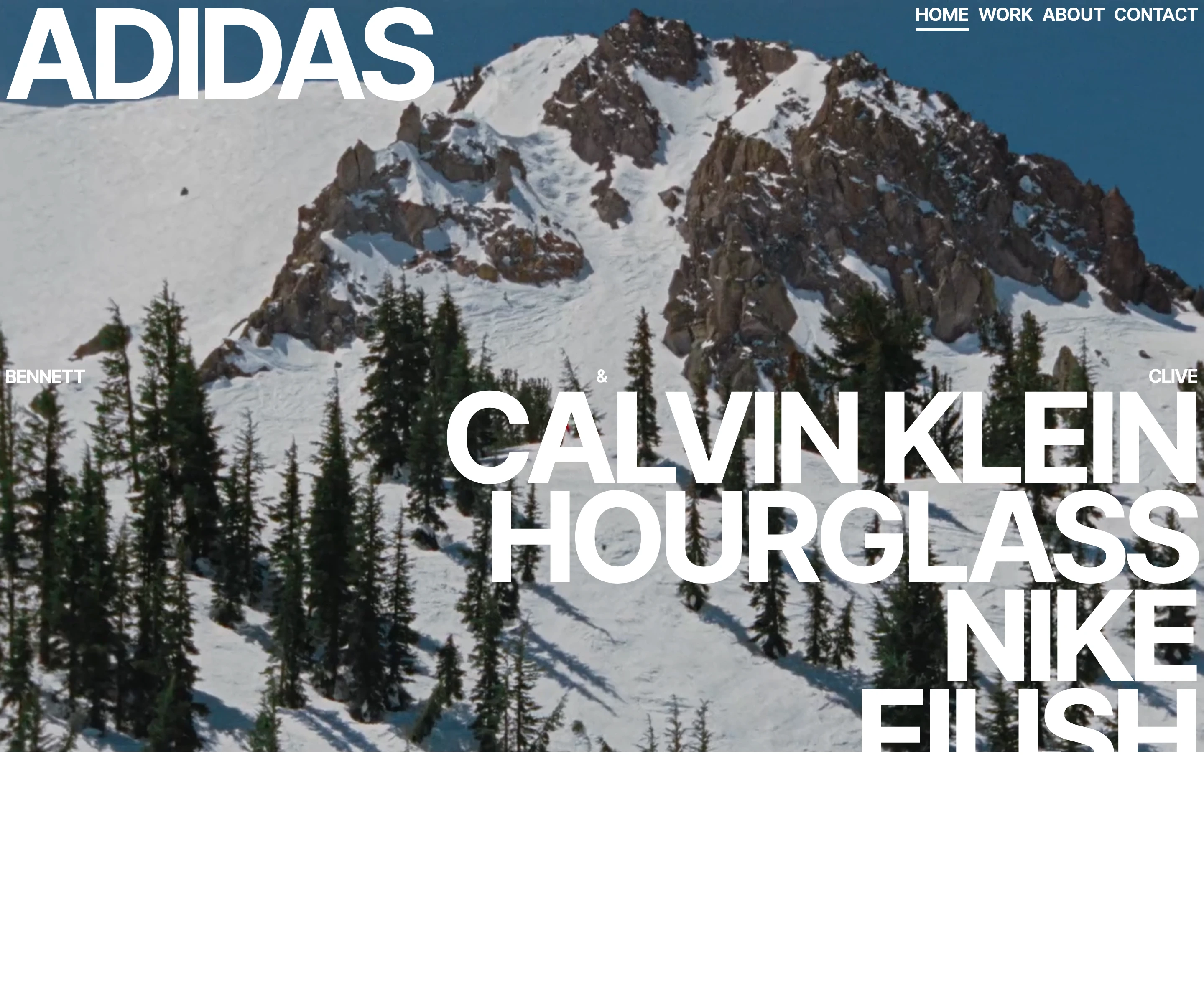 A cinematic, high-impact hero layering massive, bold client names directly over a rugged, snow-covered mountain vista.