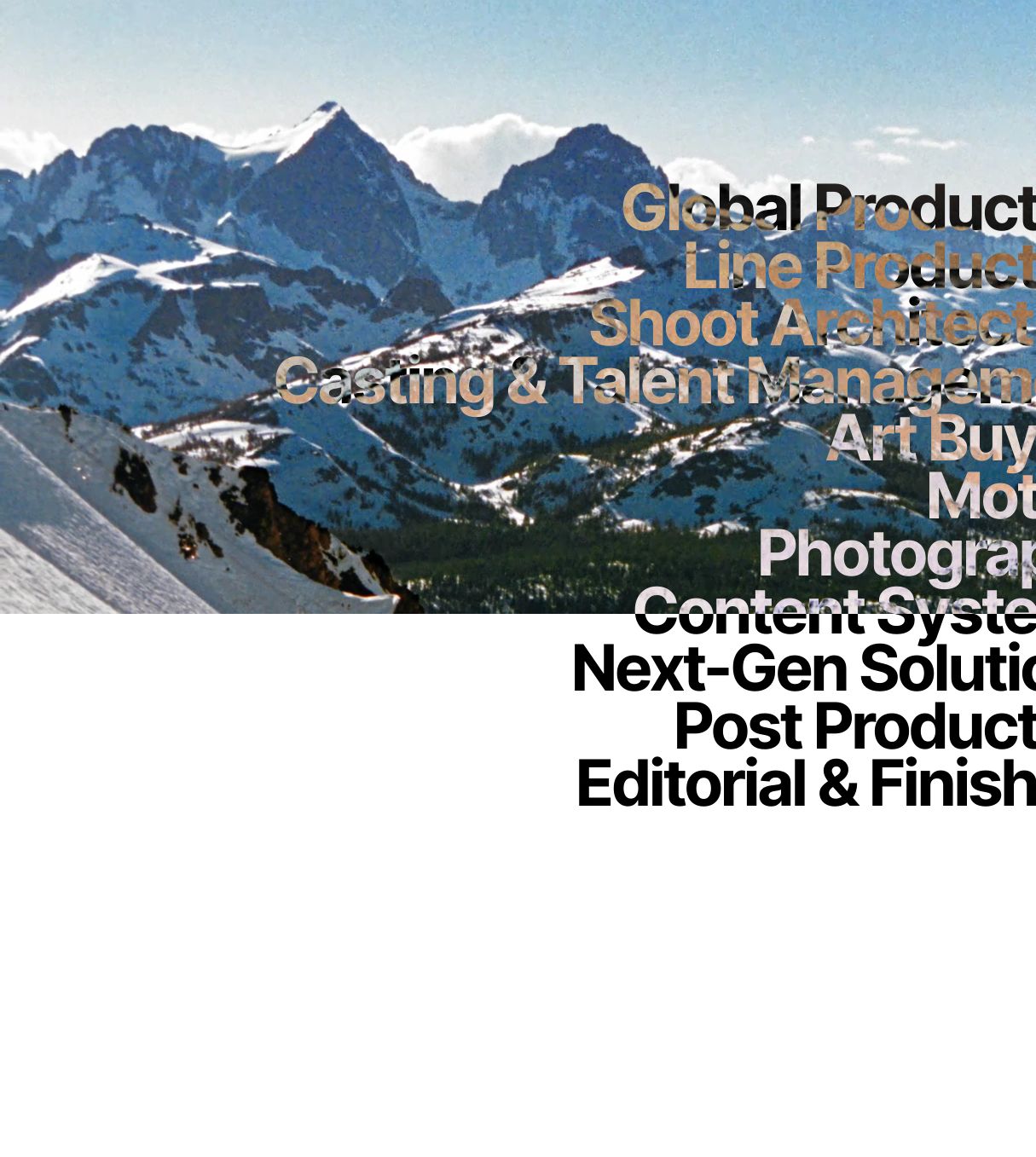 A stark, high-contrast services list overlapping a dramatic alpine landscape with bold, tightly tracked typography.