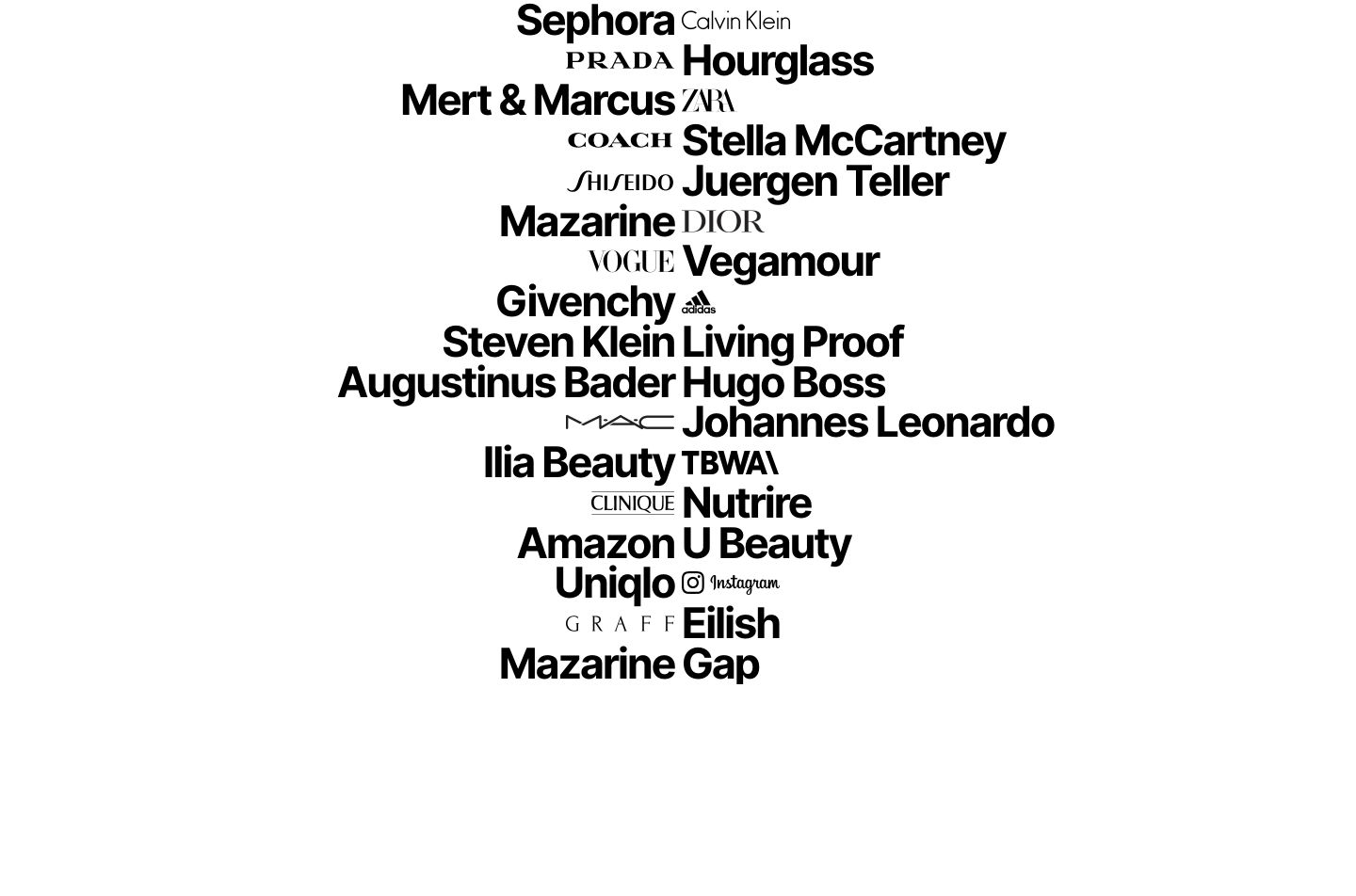 Monochrome cluster of luxury and fashion brand wordmarks tightly arranged into a dense typographic cloud.