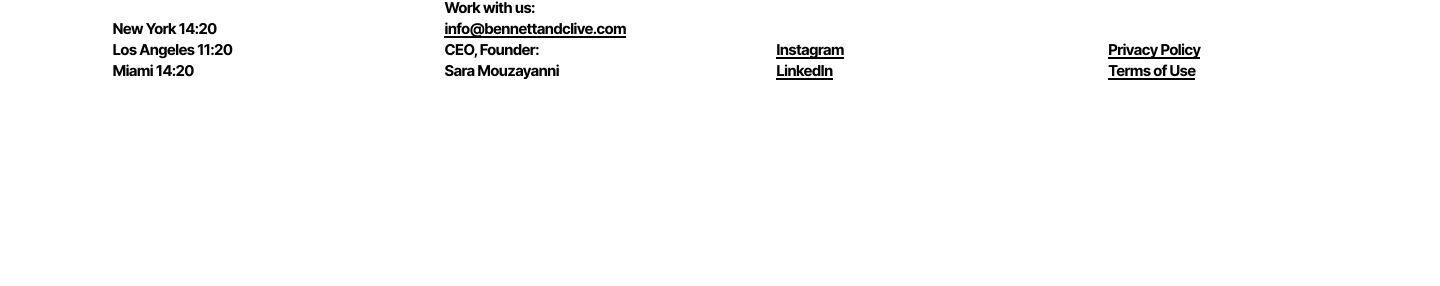 Ultra-spare typographic footer anchored by live multi-city office clocks and strict black-and-white data columns.