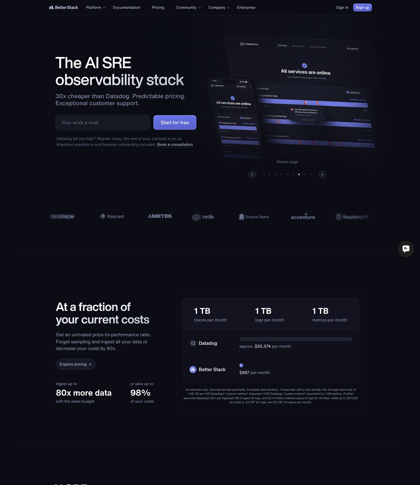 A sharp, engineered dark-mode SaaS hero and comparison block pairing high-contrast typography with precision UI mockups and direct competitor pricing benchmarks.