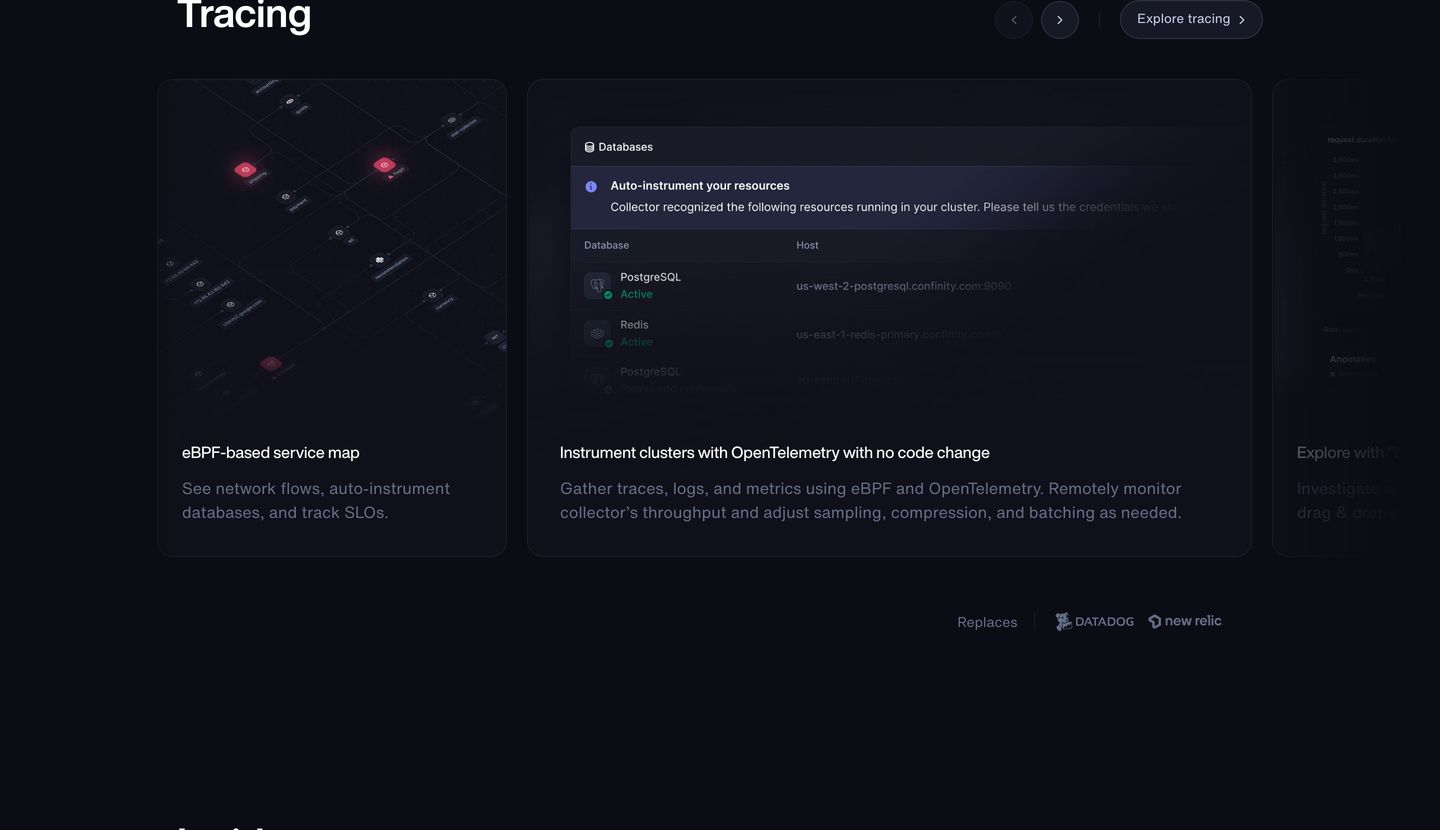 Precise dark-mode dev-tool feature showcase with glowing UI mockups in rounded cards and understated technical typography.