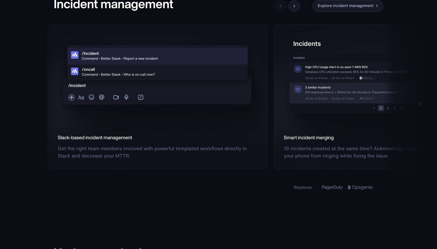 Sleek dark-mode feature cards showcase incident management workflows through precise UI mockups and subtle typography.