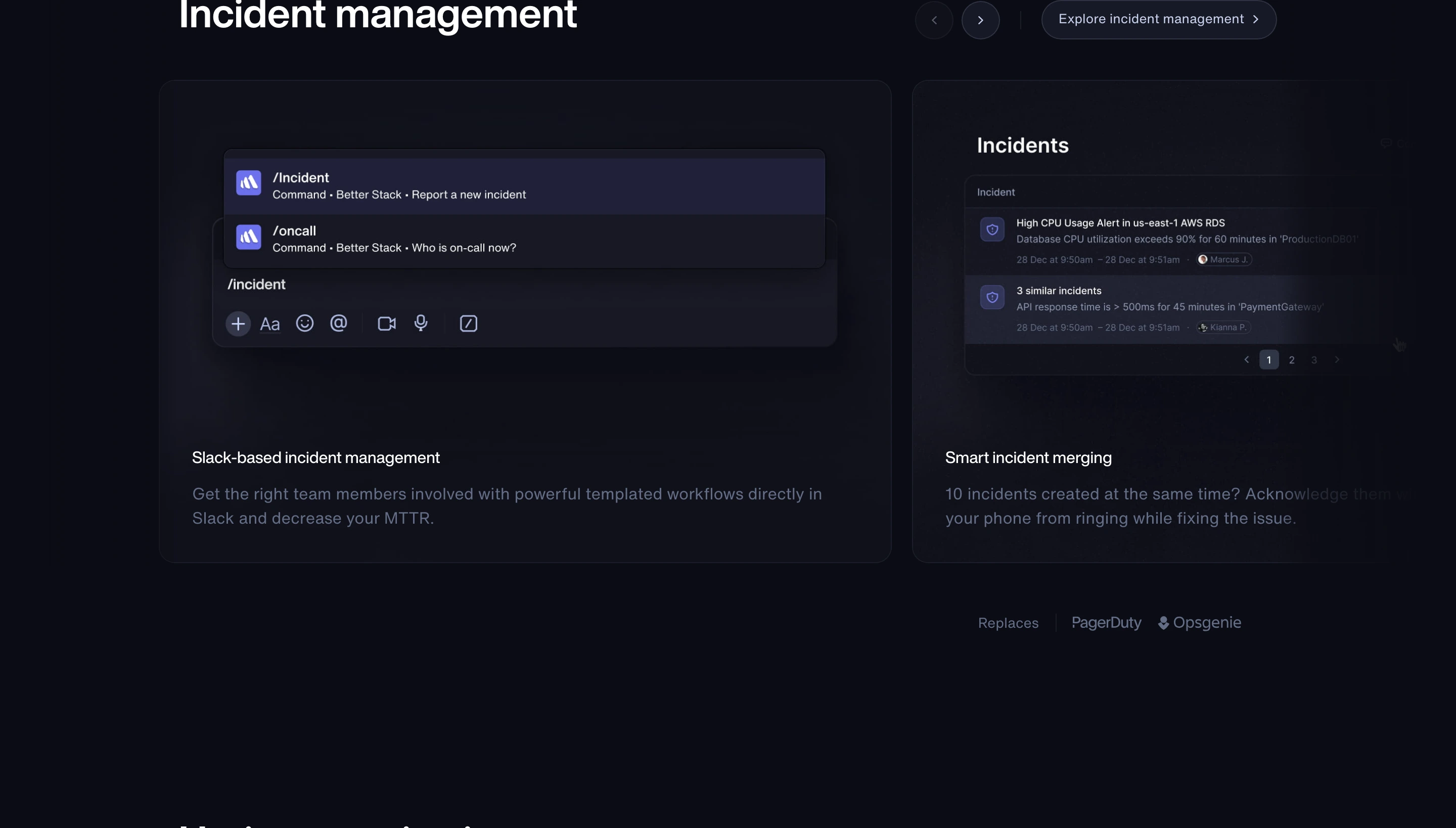 Sleek dark-mode feature cards showcase incident management workflows through precise UI mockups and subtle typography.