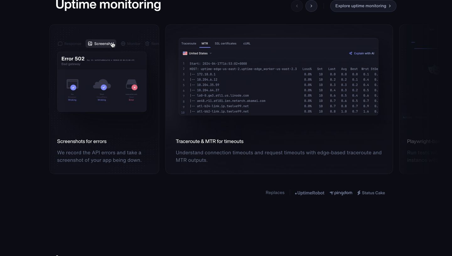 Precise dark-mode product feature carousel showcasing diagnostic tooling and terminal interfaces with high technical fidelity.