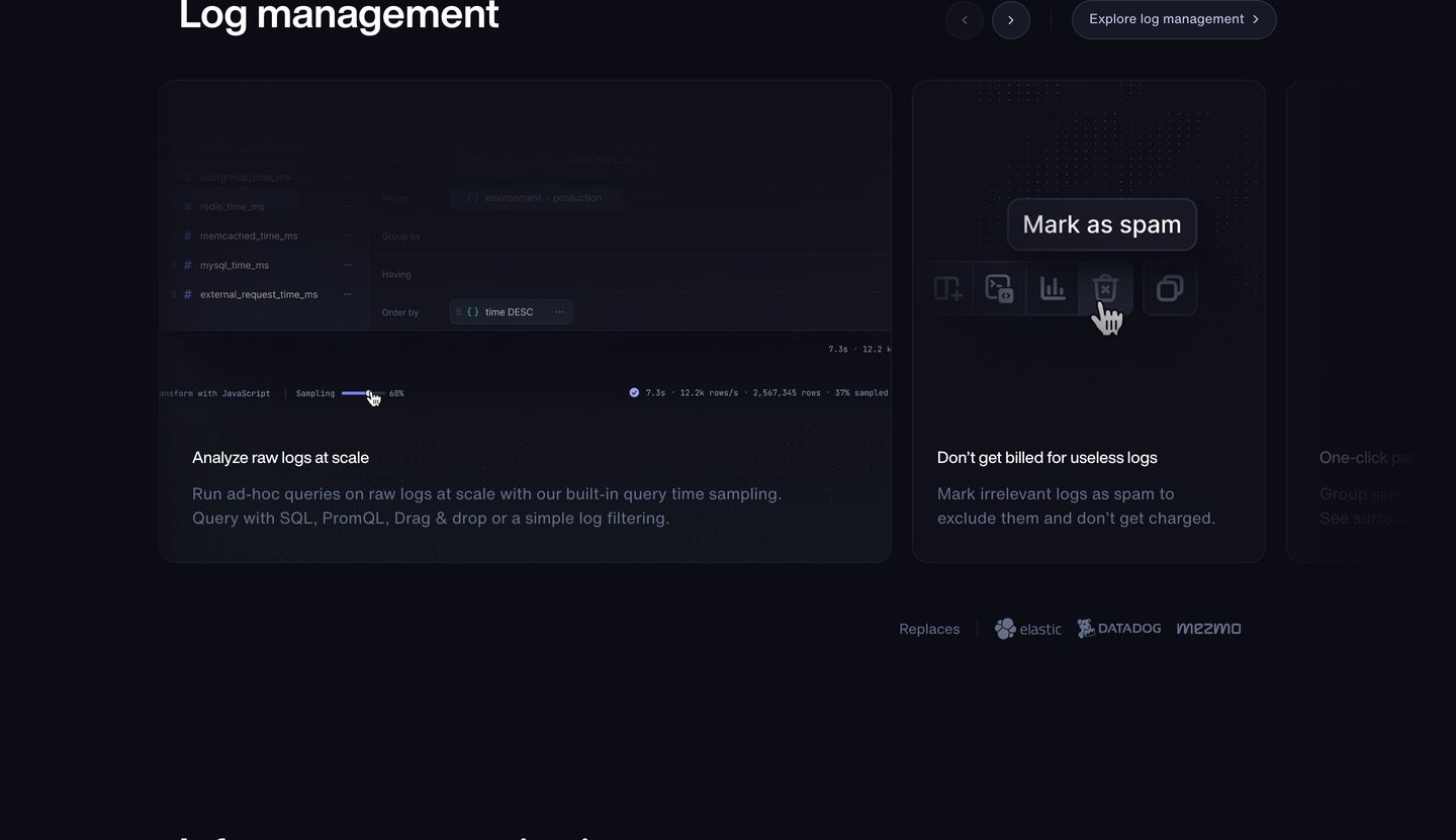Dark, sleek developer tool feature carousel presenting interactive UI mockups within disciplined rounded cards.