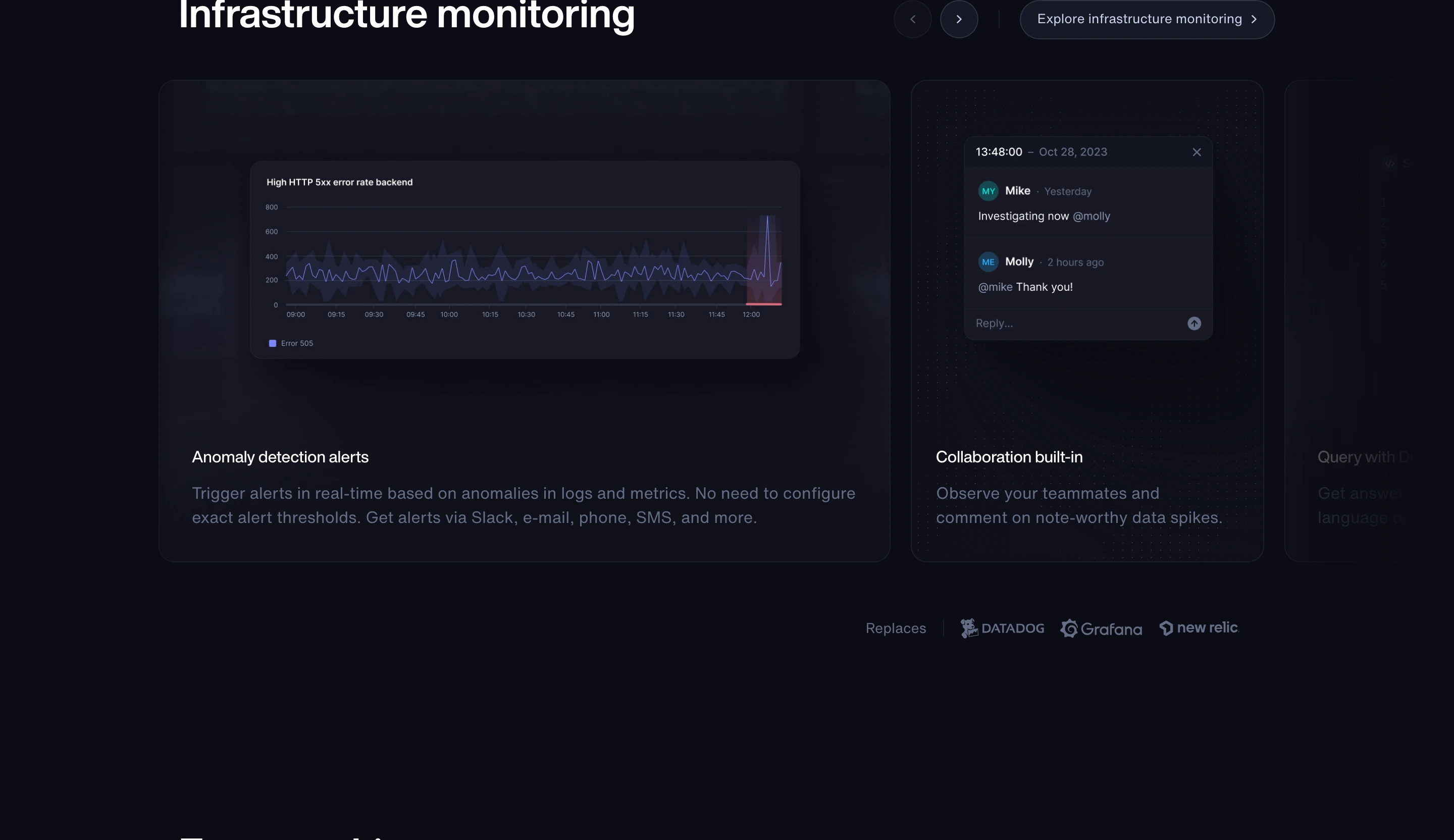 A refined, dark-mode developer carousel showcasing monitoring features through muted UI cards and subtle interface telemetry.