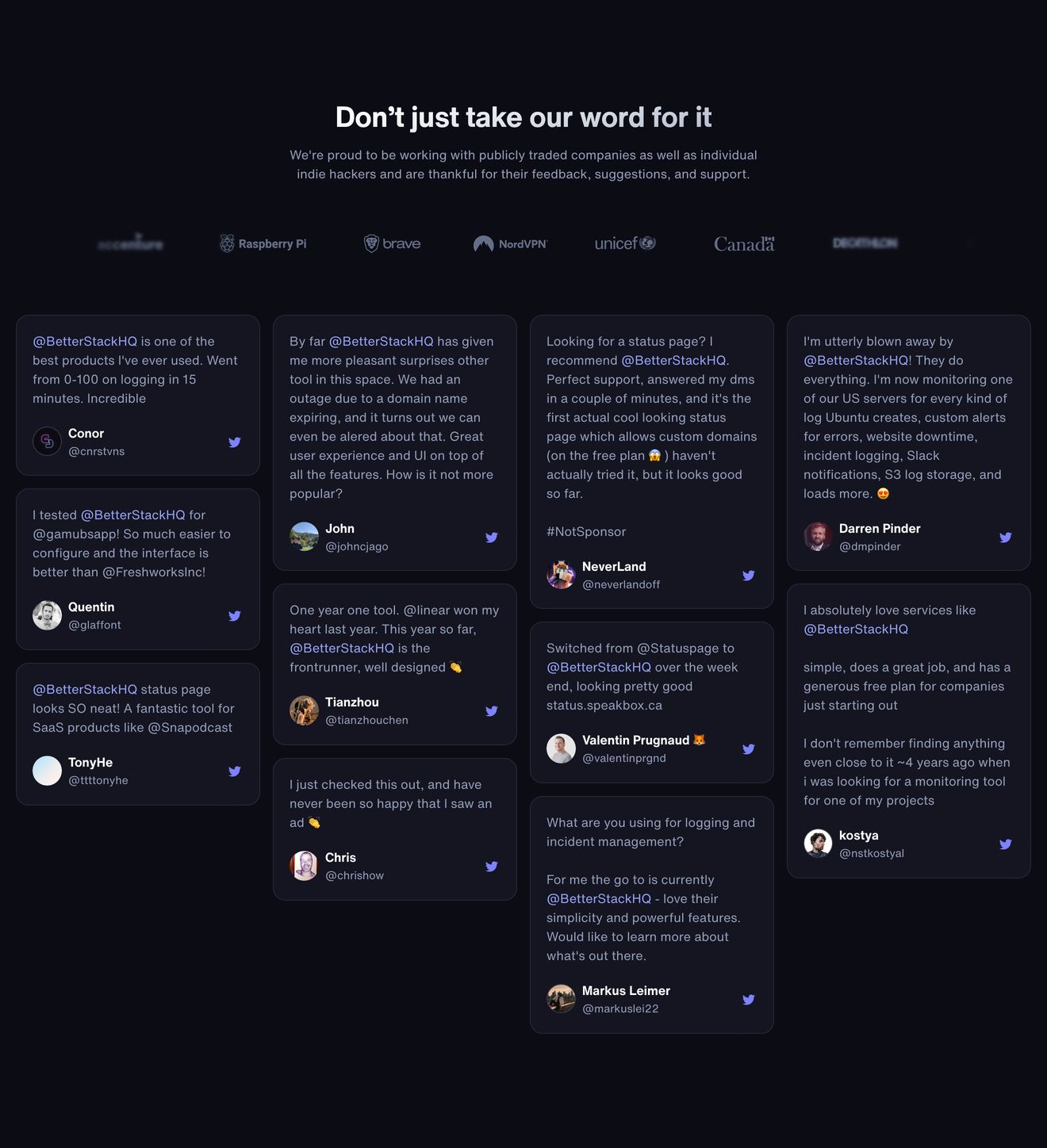 Dark, dense wall of social proof pairing low-contrast enterprise logos with an extensive grid of community tweets.