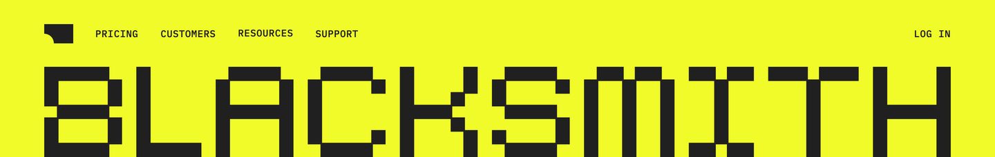 Electric acid-yellow header pairing high-contrast monospaced navigation with a massive, pixelated wordmark.