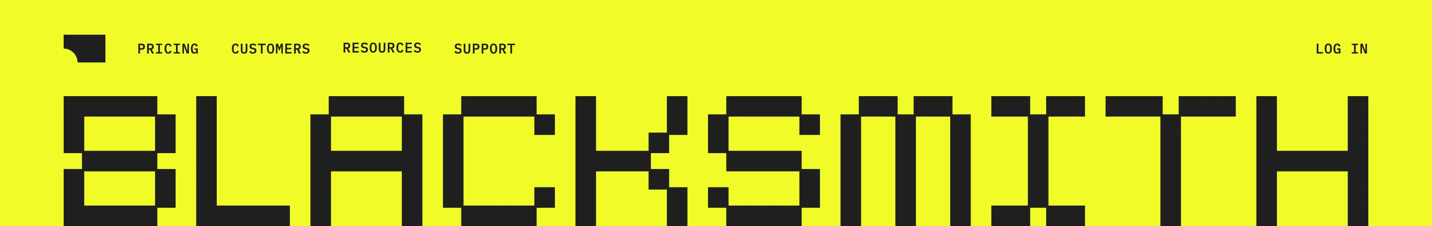 Electric acid-yellow header pairing high-contrast monospaced navigation with a massive, pixelated wordmark.