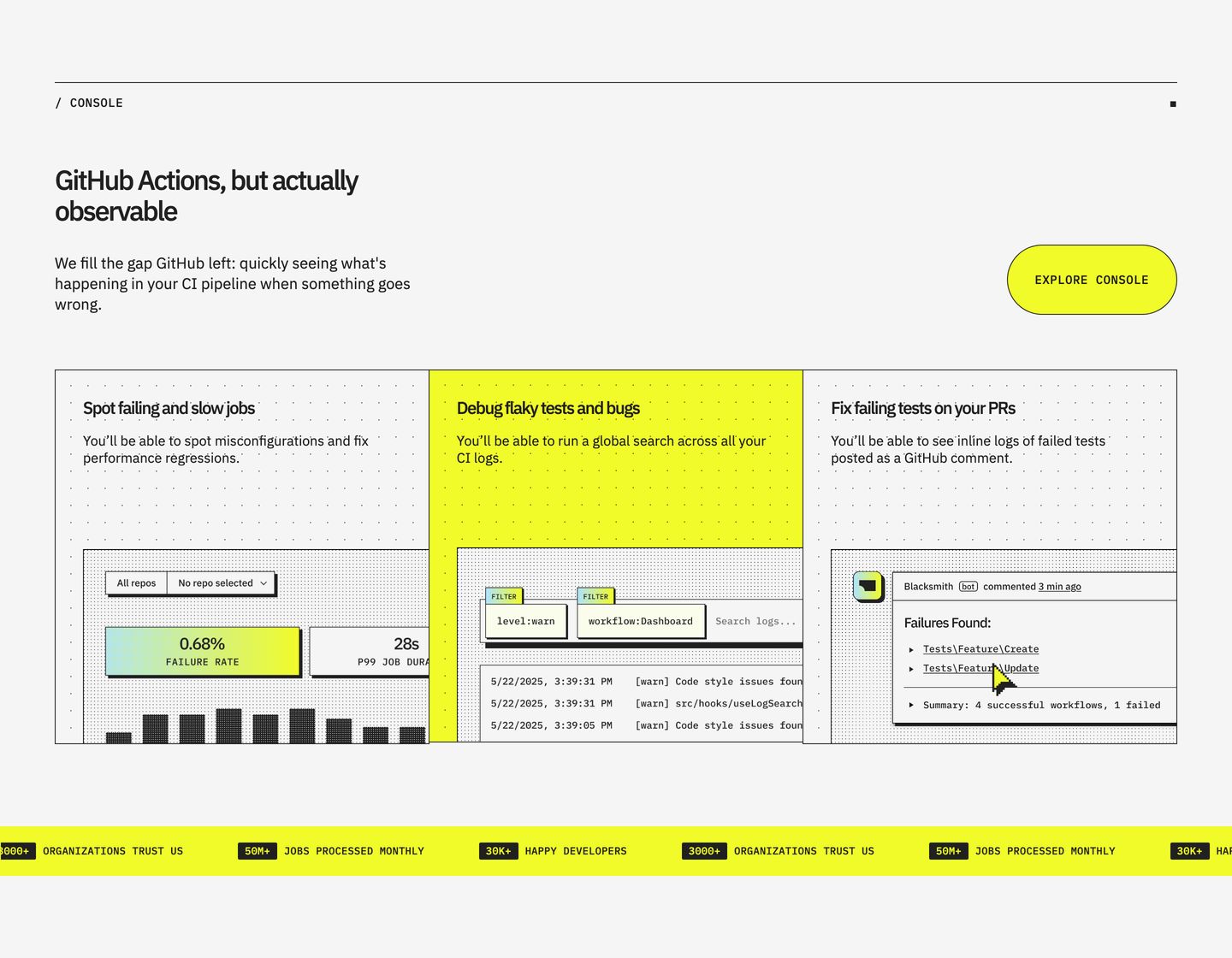 Technical feature grid blending wireframe-like schematics, subtle dotted textures, and high-voltage yellow accents for a sharp developer tool feel.