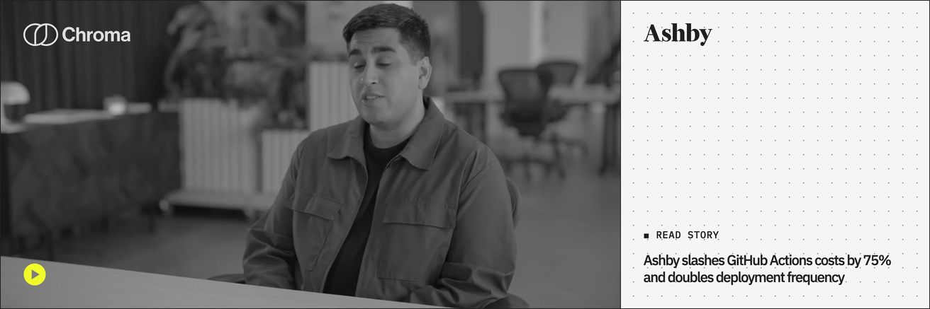 A technical case study card pairing monochrome interview footage with dot-grid metrics and a sharp neon play accent.