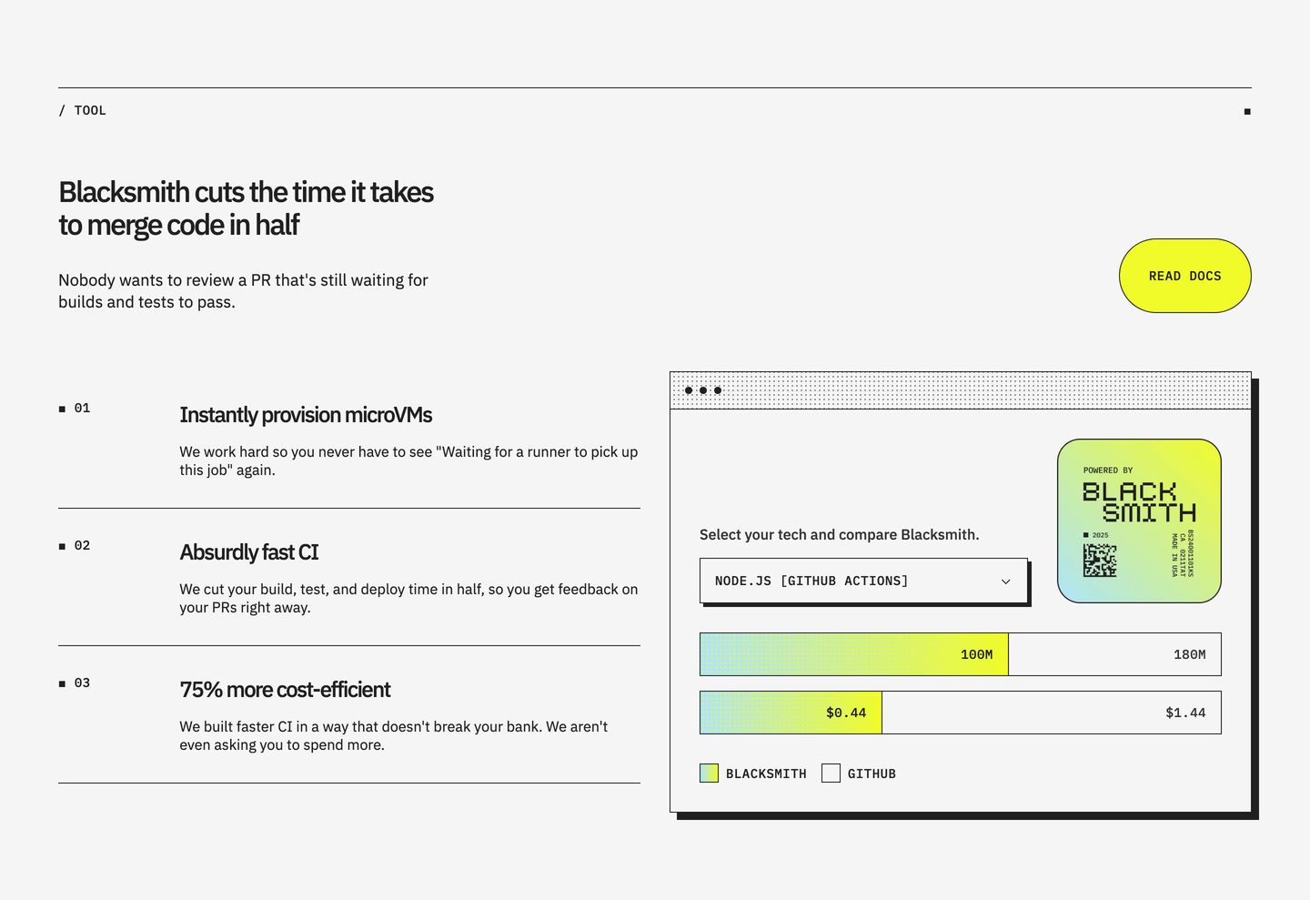 Clean technical feature breakdown paired with an engineered interactive benchmark comparison widget framed in high-contrast line work.