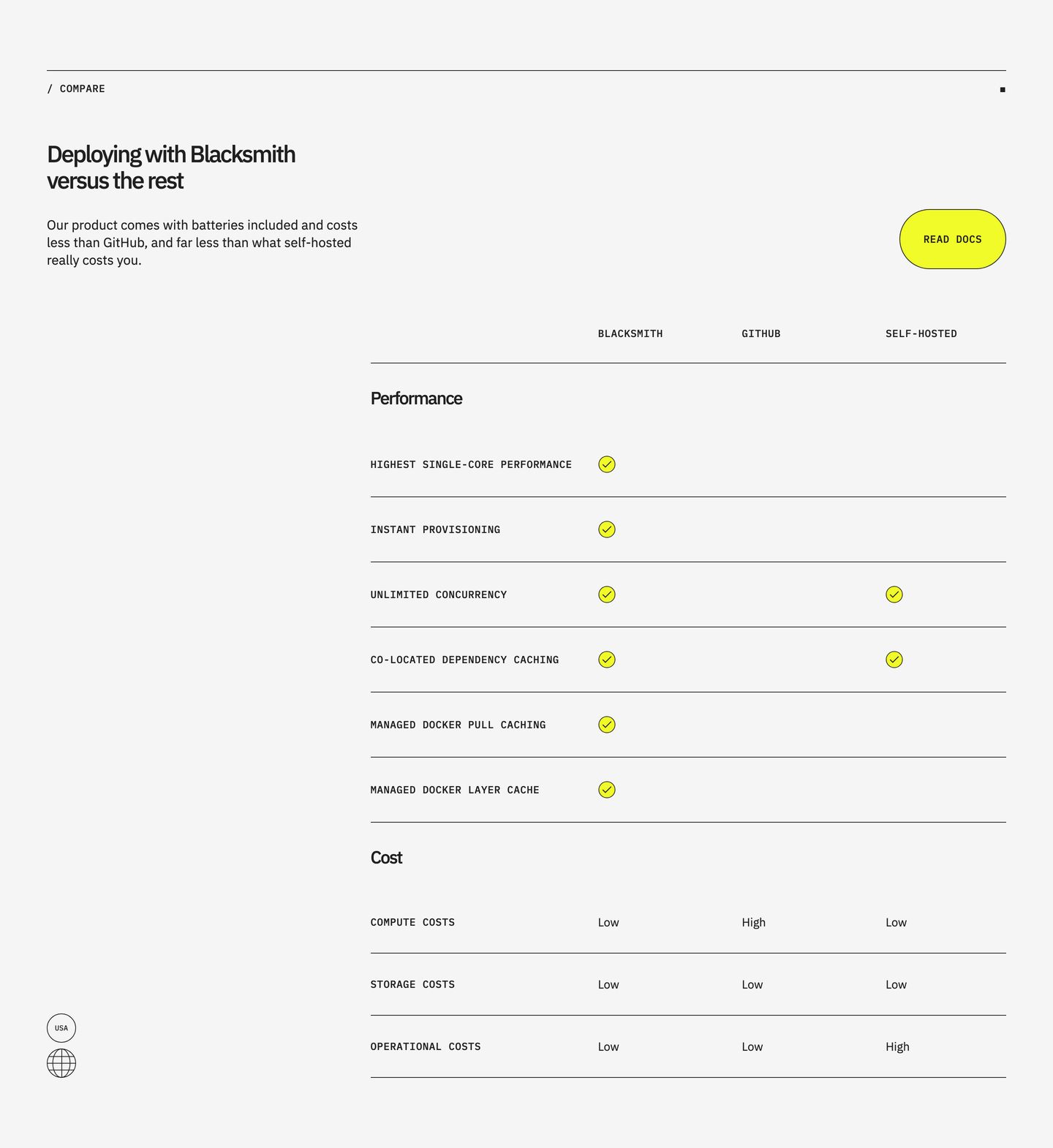 A clean, engineered comparison table with monospace uppercase labels, fine horizontal dividing rules, and fluorescent yellow accents.