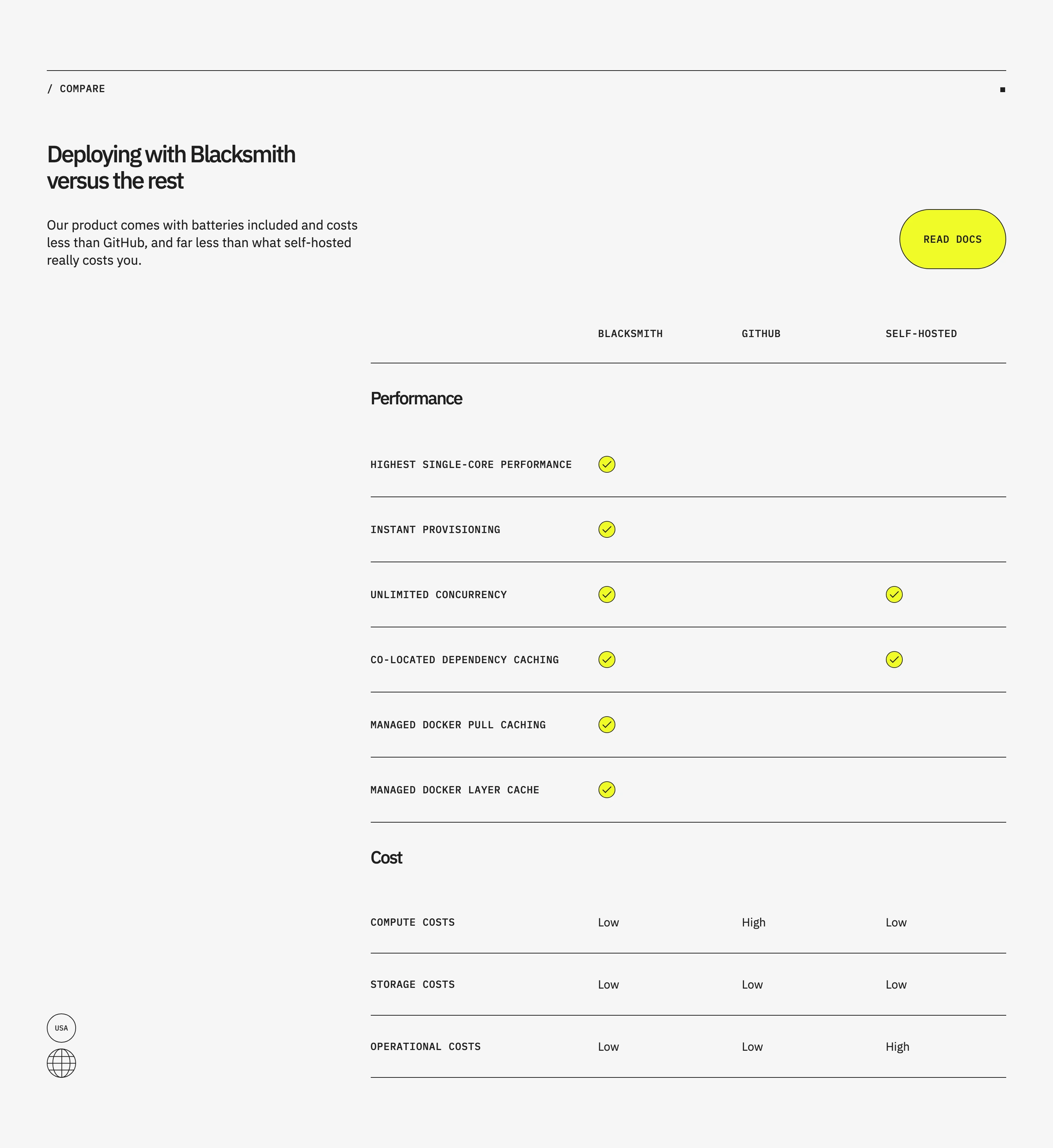 A clean, engineered comparison table with monospace uppercase labels, fine horizontal dividing rules, and fluorescent yellow accents.