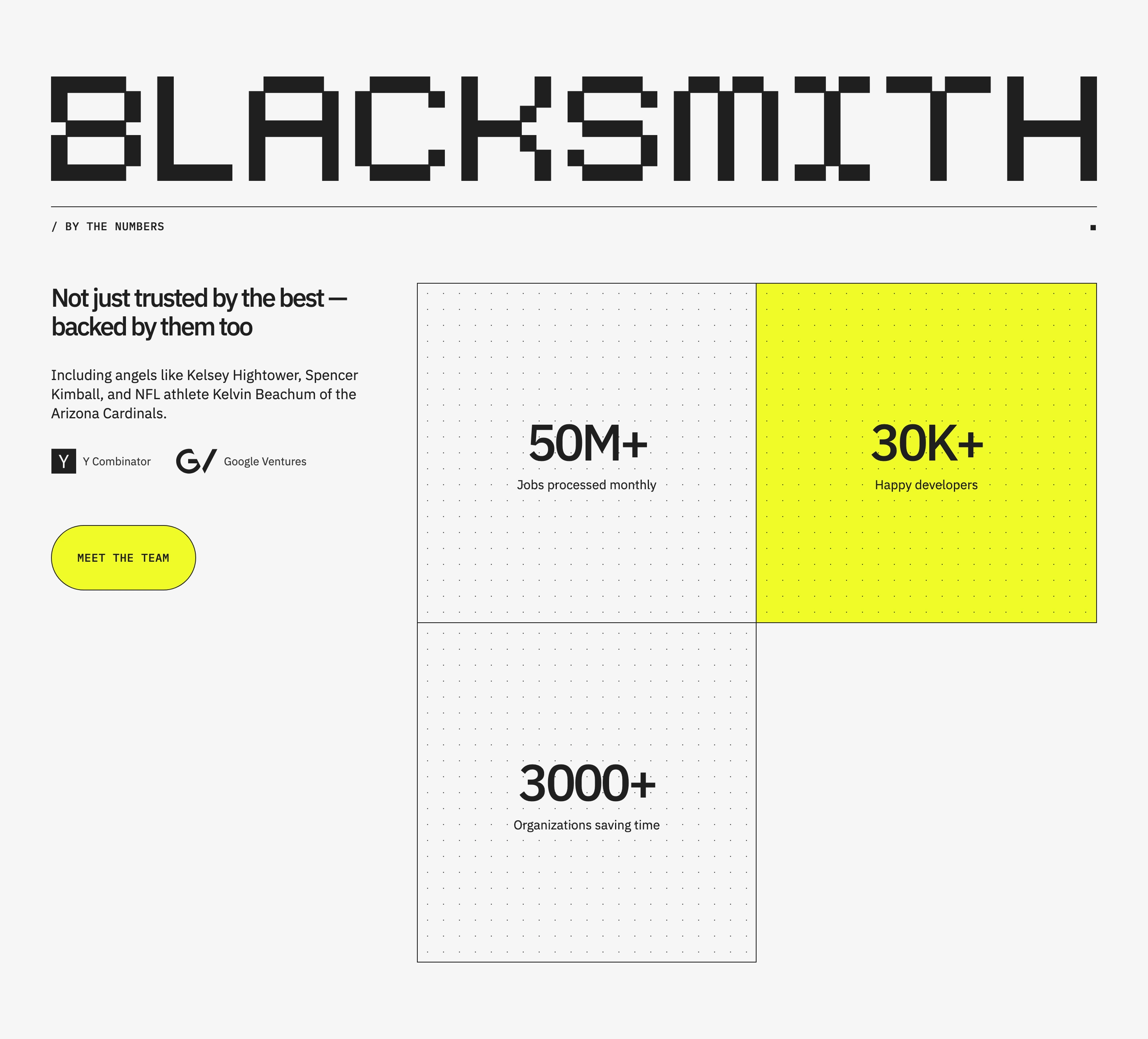 Raw technical stats section with blueprint-like dotted grid quadrants, high-contrast acid yellow block, and stark developer-tool typography.
