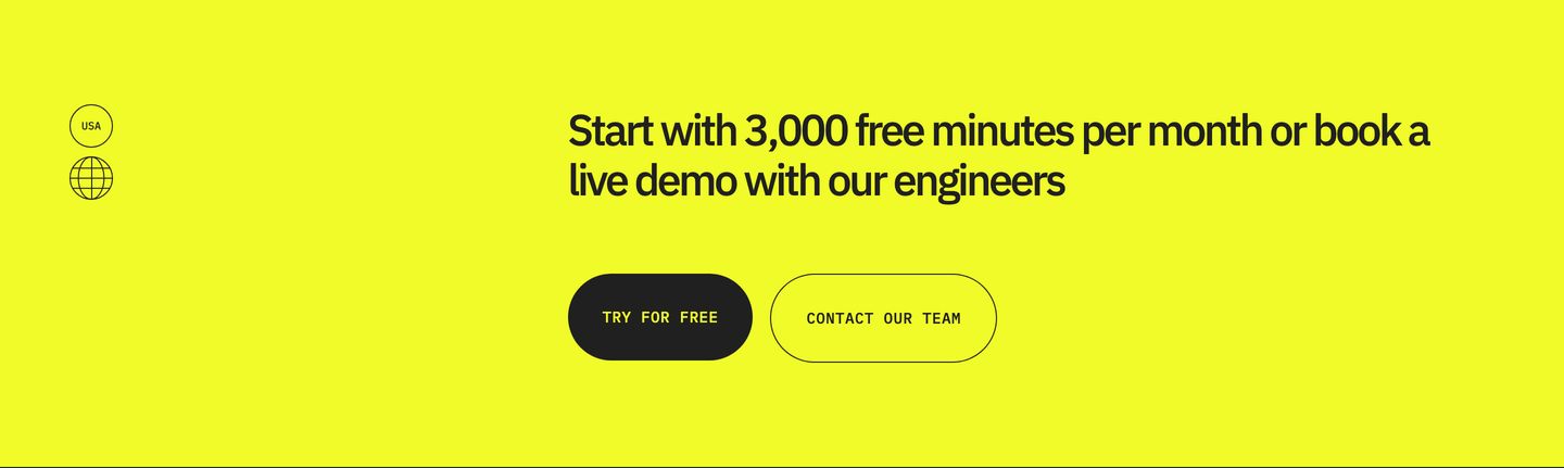 Vibrant neon yellow callout banner pairing sharp technical typography with stark pill-shaped action buttons.