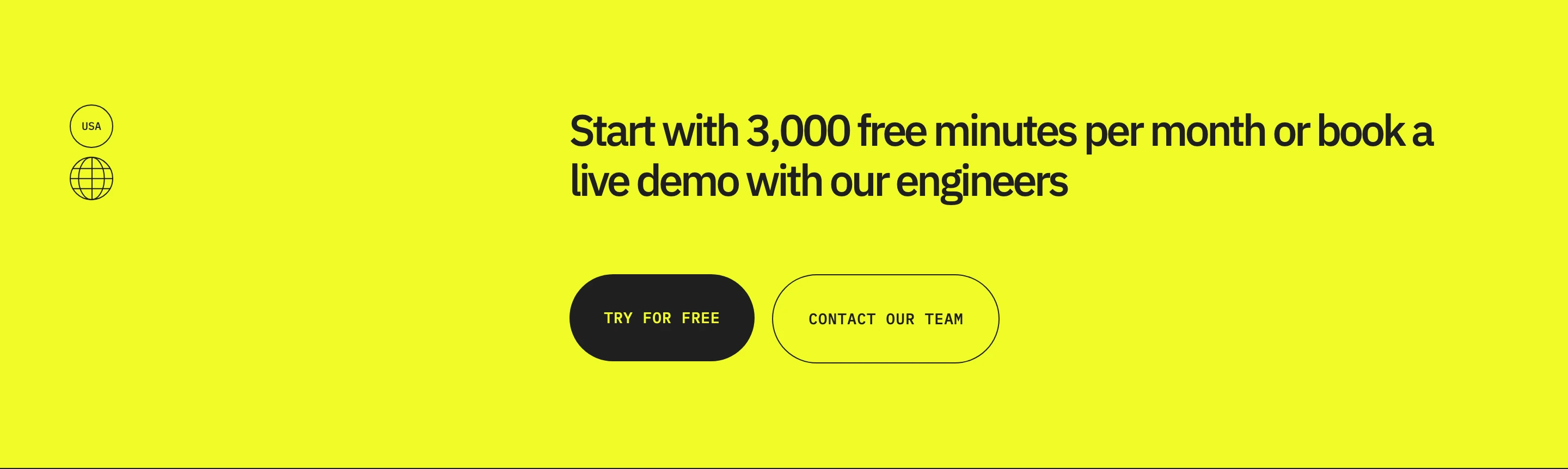 Vibrant neon yellow callout banner pairing sharp technical typography with stark pill-shaped action buttons.