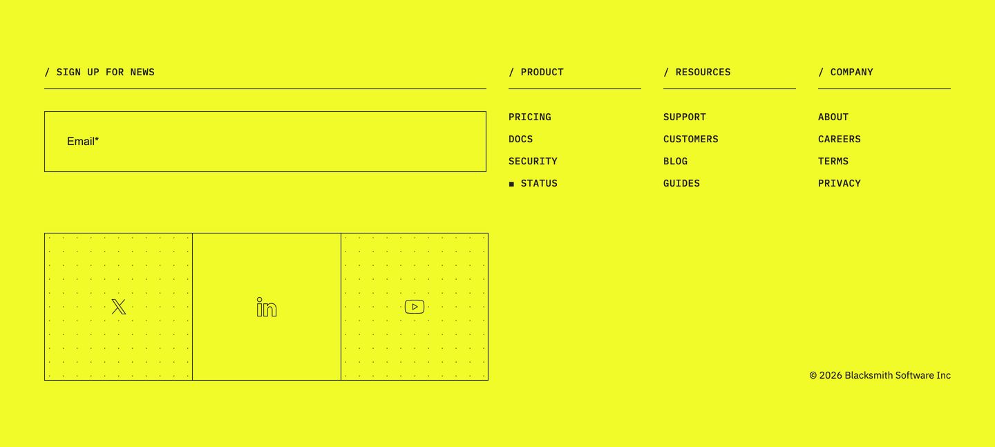 A high-voltage acid yellow brutalist footer structured with strict technical lines, dot grids, and monospaced typography.