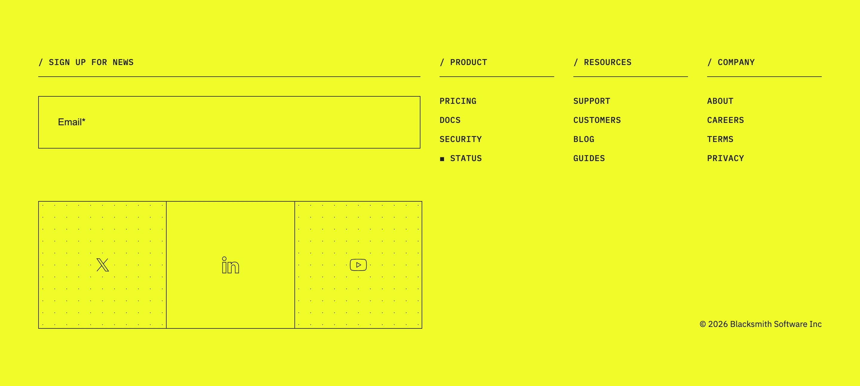 A high-voltage acid yellow brutalist footer structured with strict technical lines, dot grids, and monospaced typography.